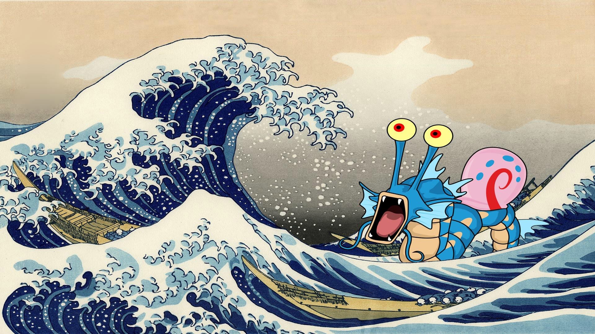 Anime 1920x1080 Gyarados The Great Wave of Kanagawa humor anime fan art Pokémon gary (spongebob)