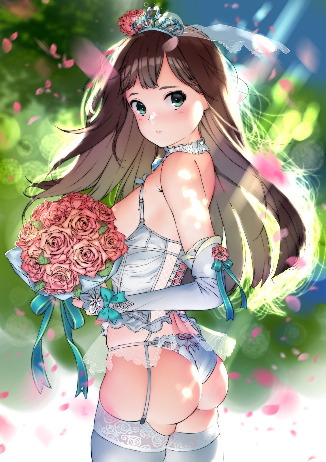 Anime 1131x1600 anime anime girls ass lingerie no bra stockings long hair brunette aqua eyes crown flowers thigh-highs