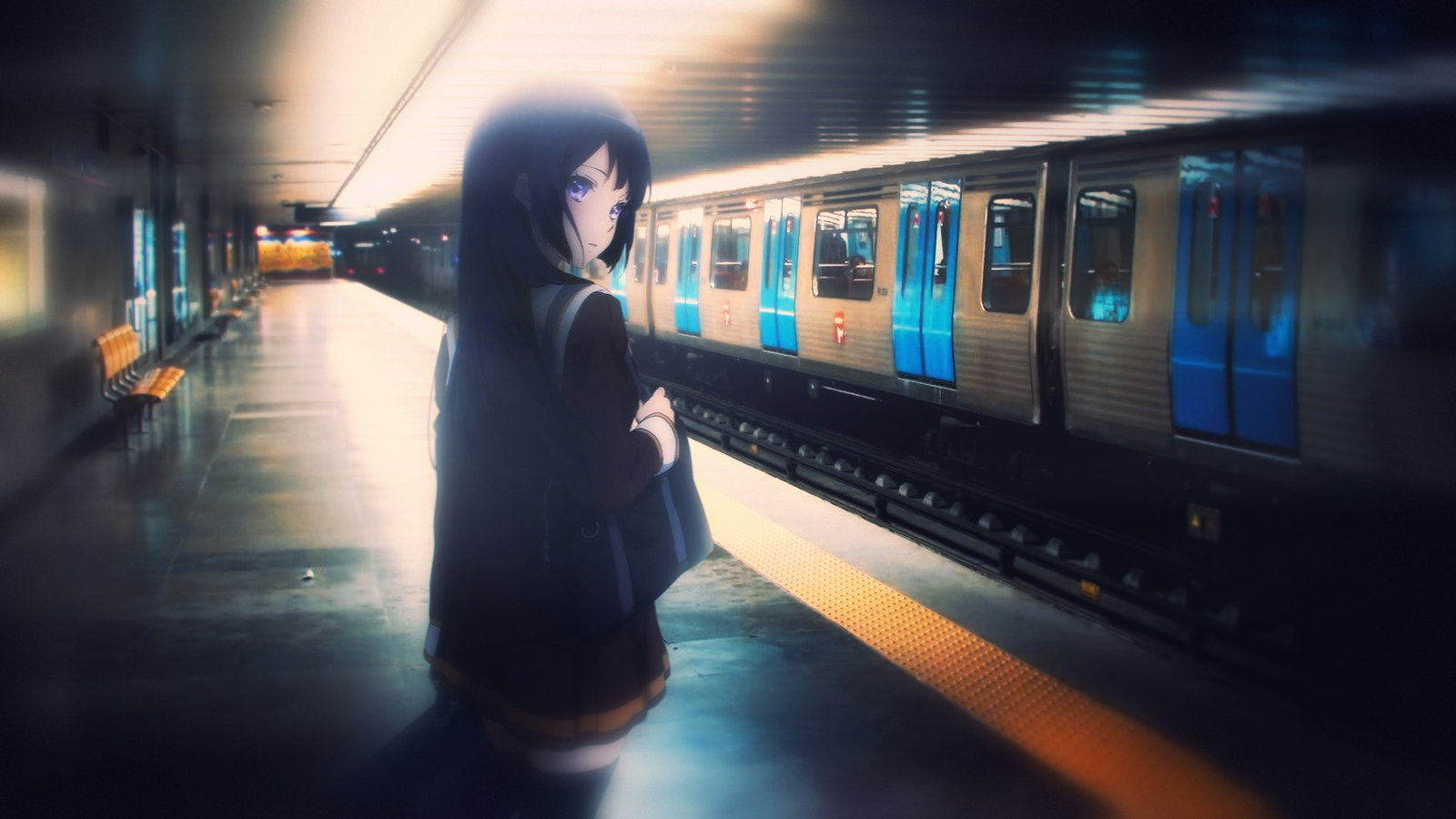 Anime 1600x900 anime girls subway school uniform illustration blurred motion blur city animeirl
