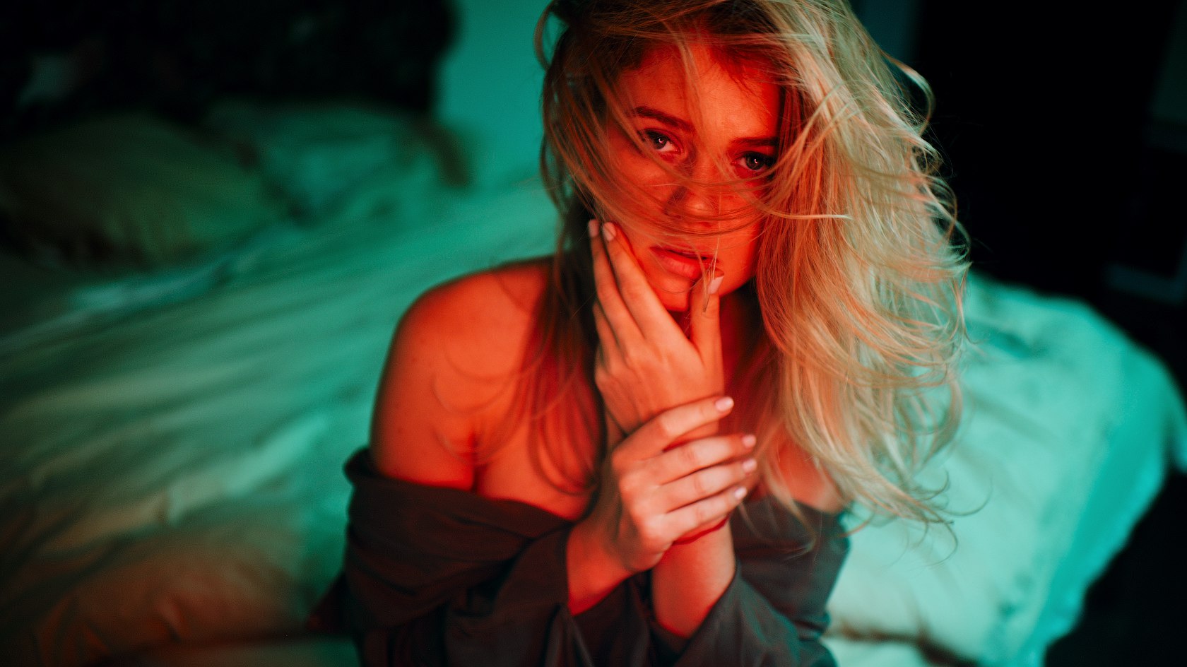 People 1680x944 Marat Safin photography model women women indoors no bra depth of field blonde bedroom in bed sitting looking at viewer hand on face bare shoulders face cleavage
