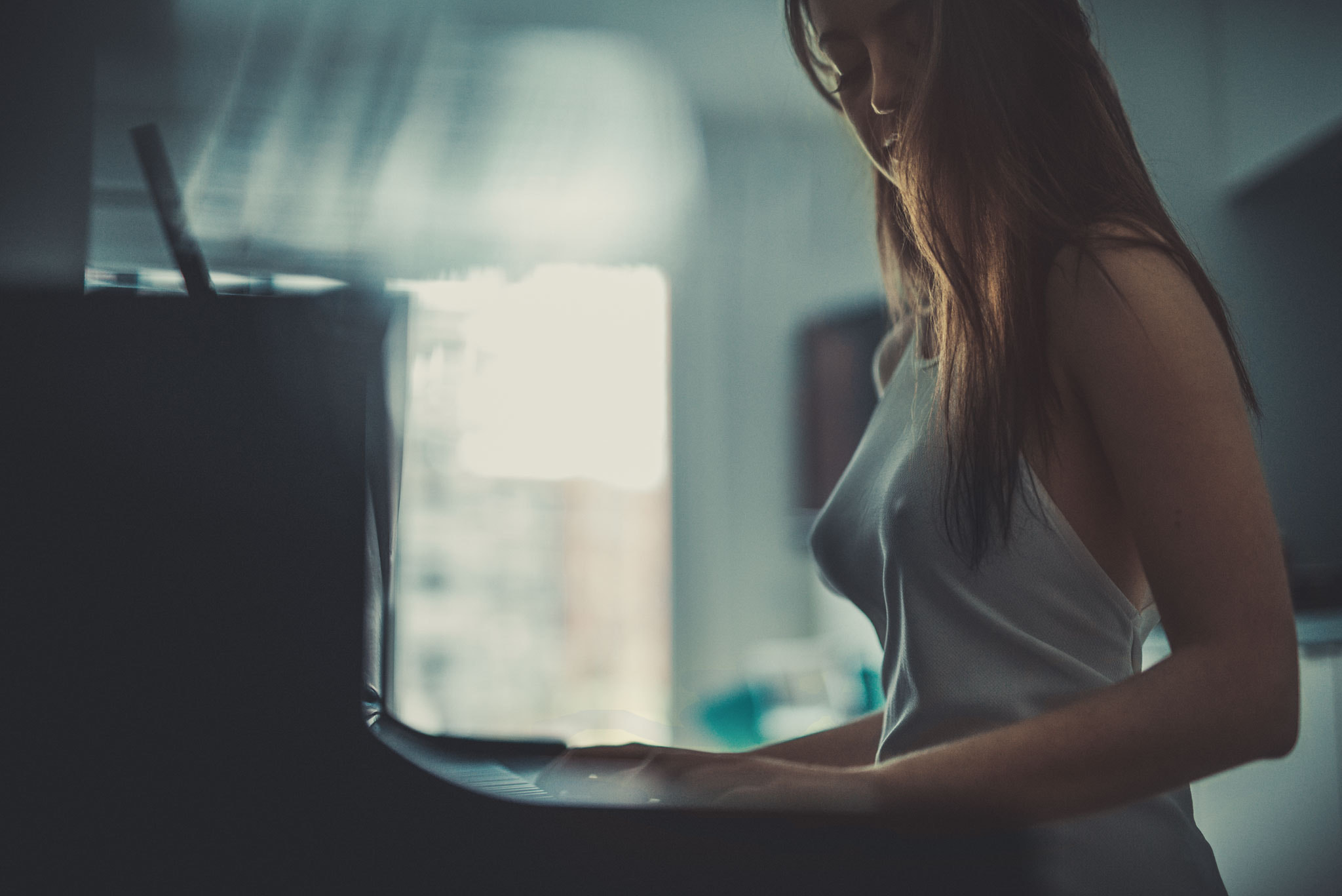 People 2048x1367 women Marcel J. Zahlten brunette white tops piano hard nipples model women indoors nipple bulge low light