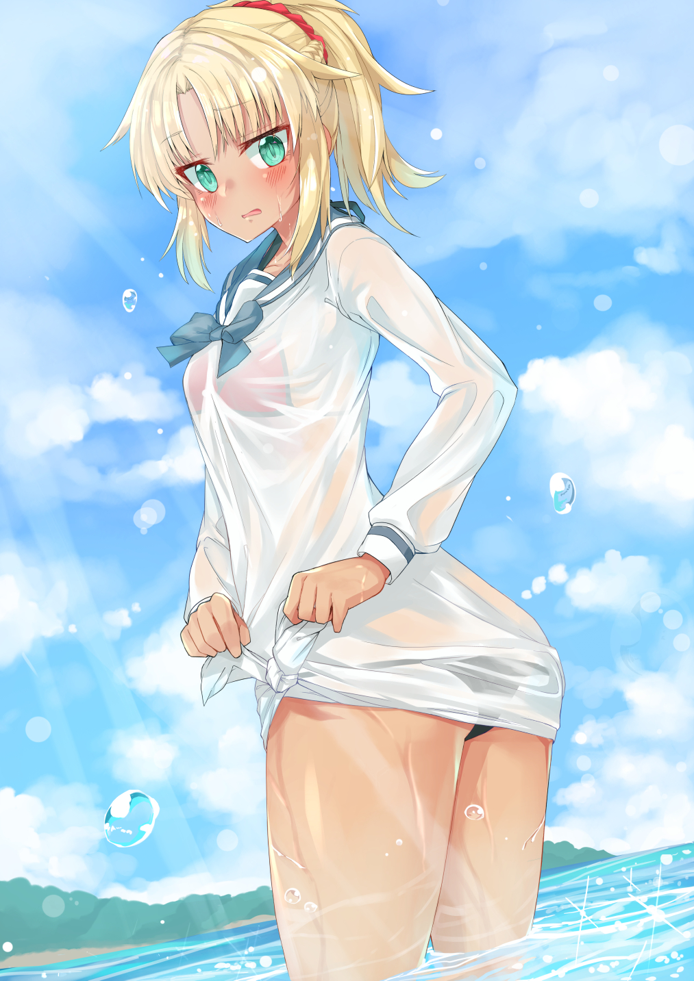 Anime 1013x1433 Mordred (Fate/Apocrypha) Fate/Apocrypha  Fate series anime girls blonde green eyes bikini ass wet clothing see-through clothing cyan