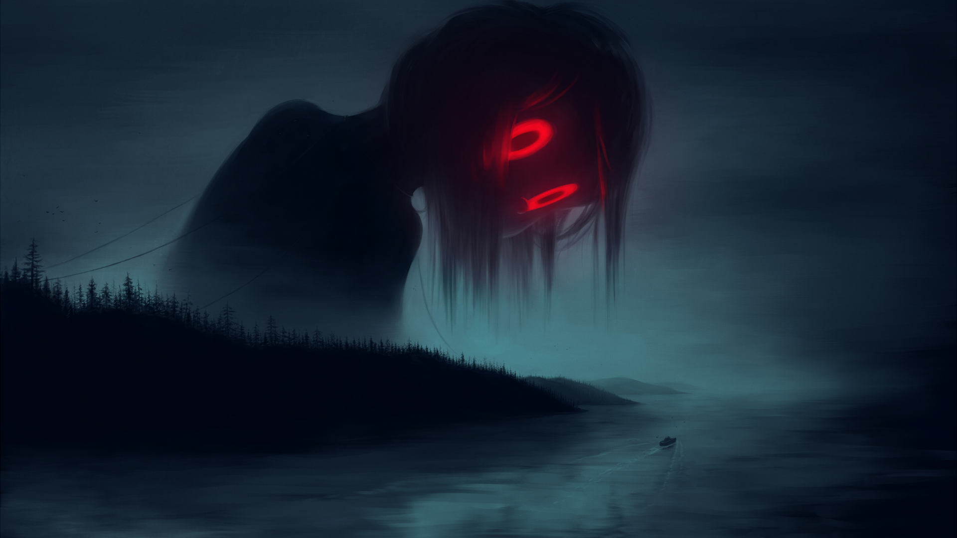 Anime 1920x1080 red eyes mist boat S A Lieske artwork landscape dark