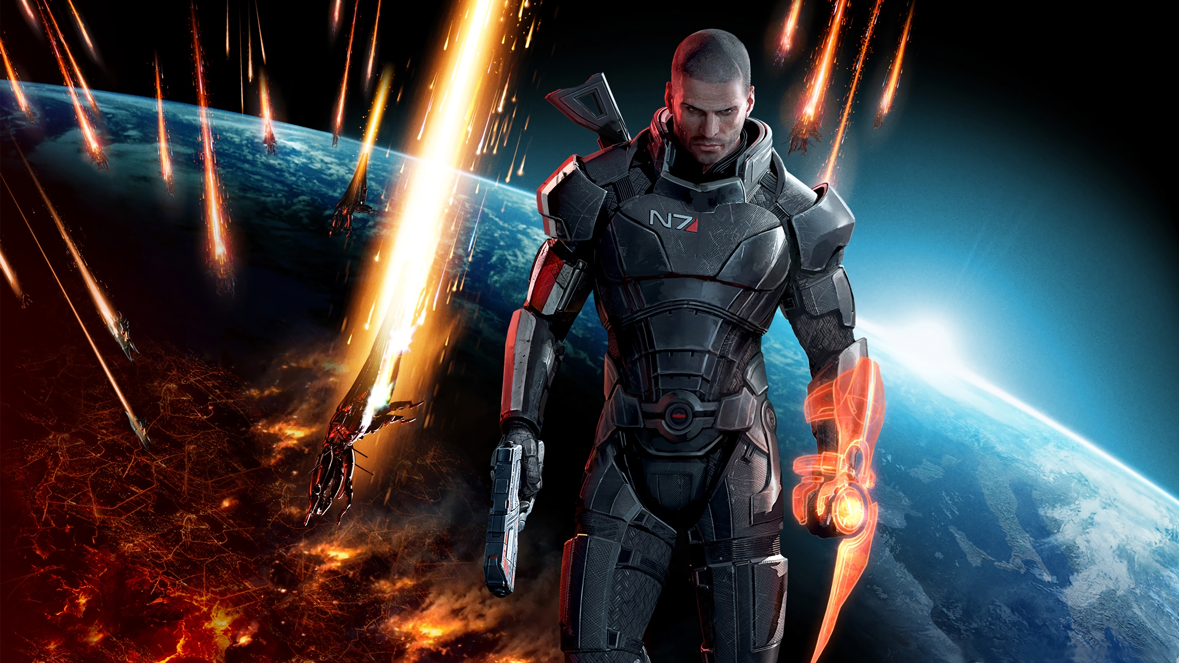 General 3840x2160 Mass Effect Mass Effect 3 Commander Shepard video games video game art video game men science fiction Science Fiction Men futuristic armor armor gun Earth