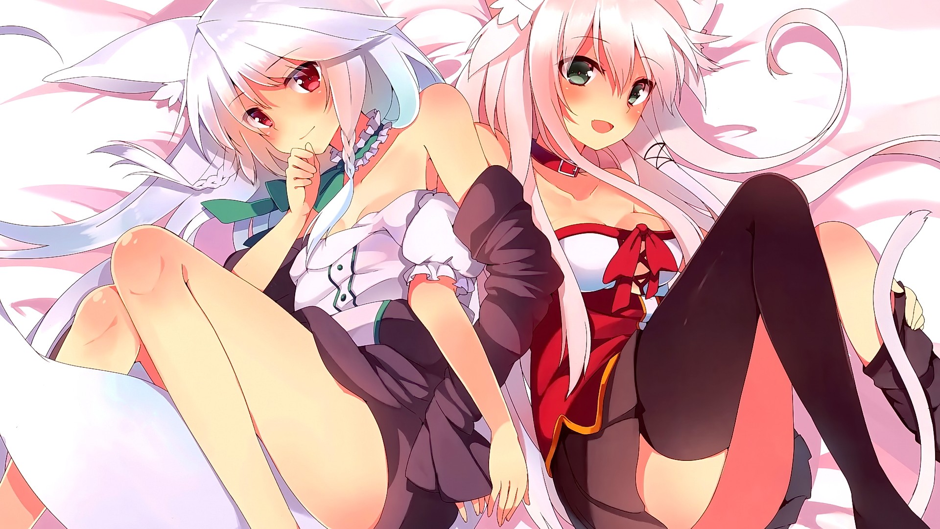 Anime 1920x1080 anime anime girls thigh-highs Anceril Sacred in bed blonde long hair ass red eyes green eyes animal ears thighs legs stockings black stockings open mouth tail looking at viewer