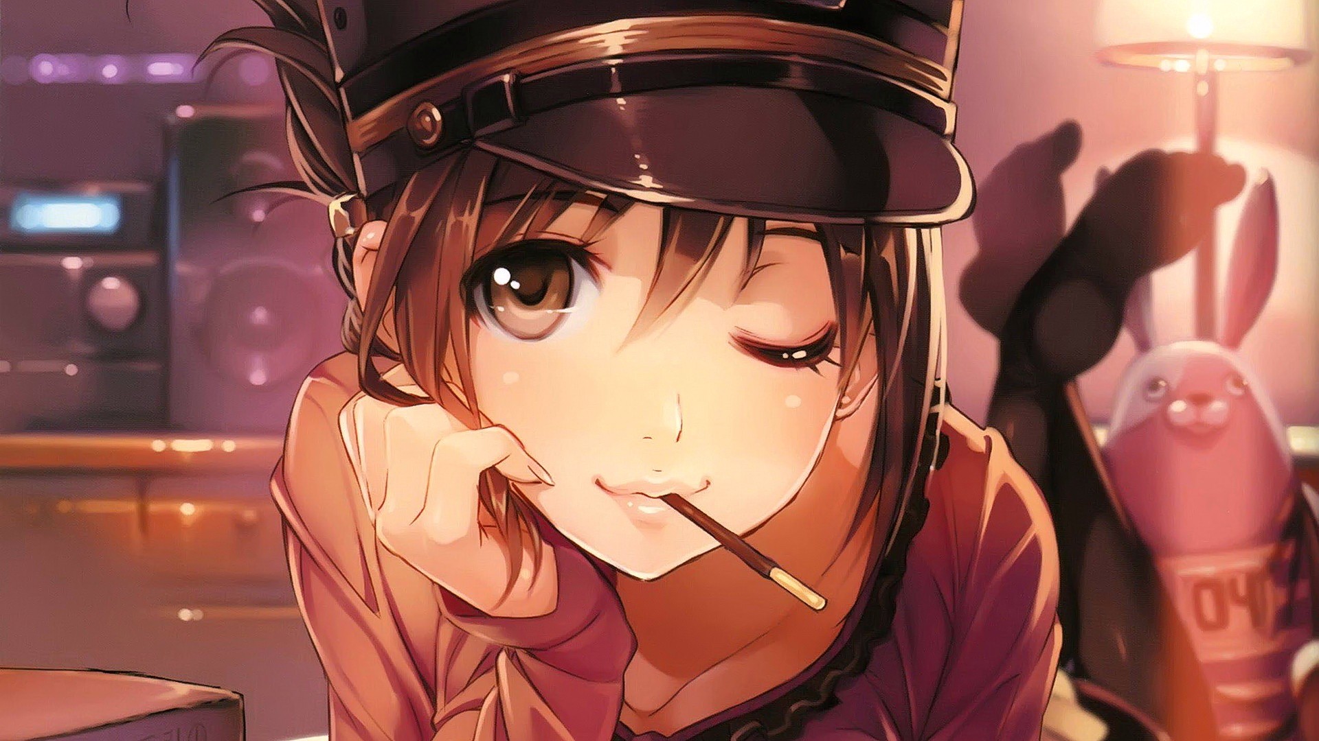 Anime 1920x1080 anime anime girls original characters one eye closed brown eyes brunette hat vania600 face closeup looking at viewer