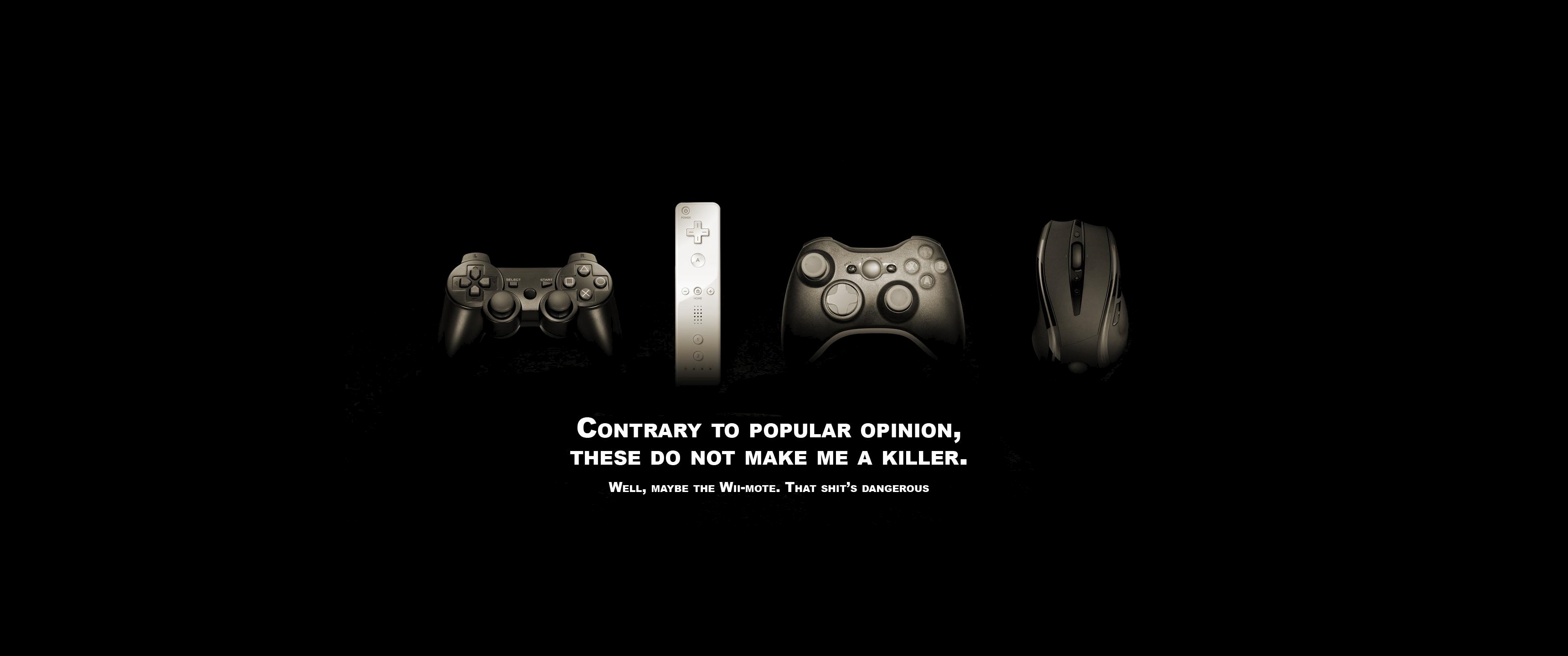 General 3440x1440 video games controllers quote typography black background X-Box Wii PlayStation humor computer mice simple background