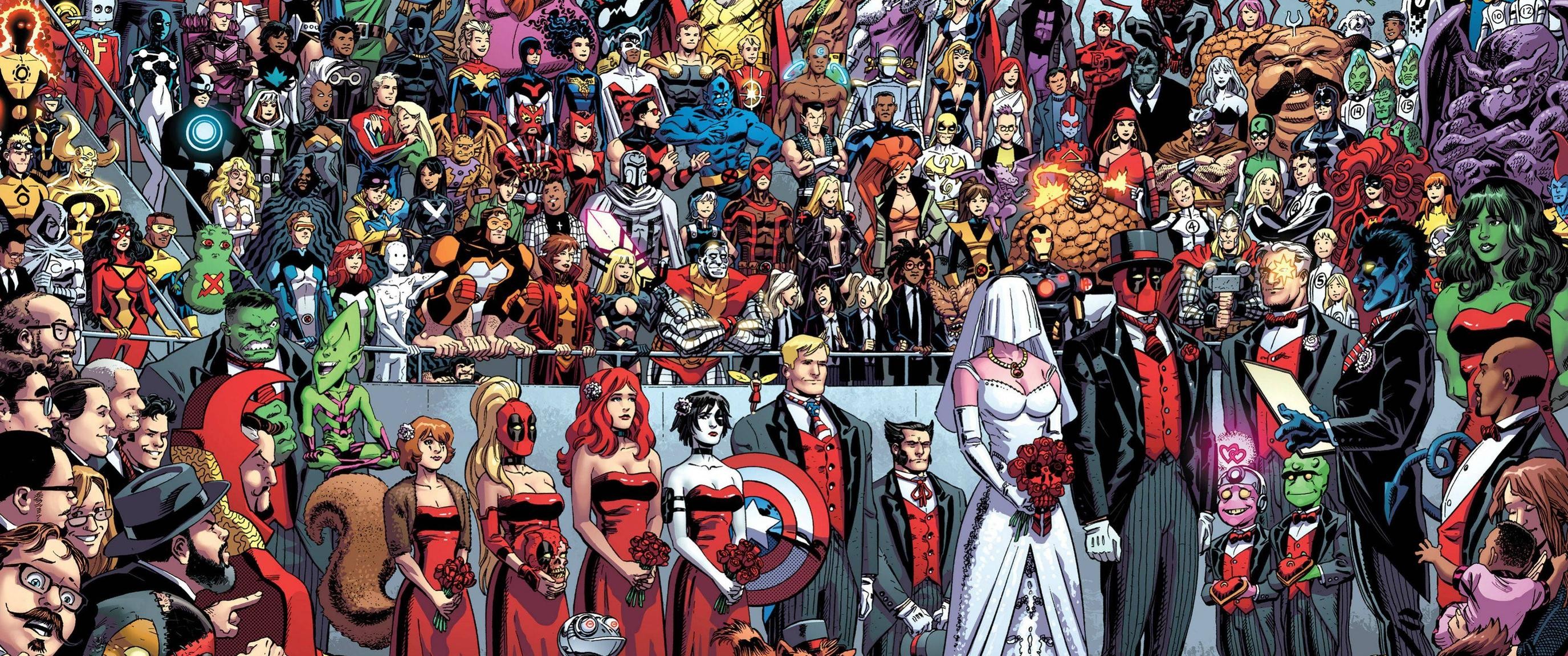General 2751x1151 Marvel Comics Deadpool marriage superhero Wolverine Captain America Domino (Neena Thurman) Hulk Cable Nightcrawler She-Hulk Thor Colossus Cyclops Emma Frost Magneto Scarlet Witch Namor Elektra Natchios Captain Marvel Spider-Woman Moon Knight Doctor Strange Storm (character) Rogue Black Panther Jean Grey Beast (character) Thing Human Torch Invisible Woman Mr. Fantastic Daredevil Iron Man Hawkeye Jubilee Iron Fist Kitty Pryde comic art comics