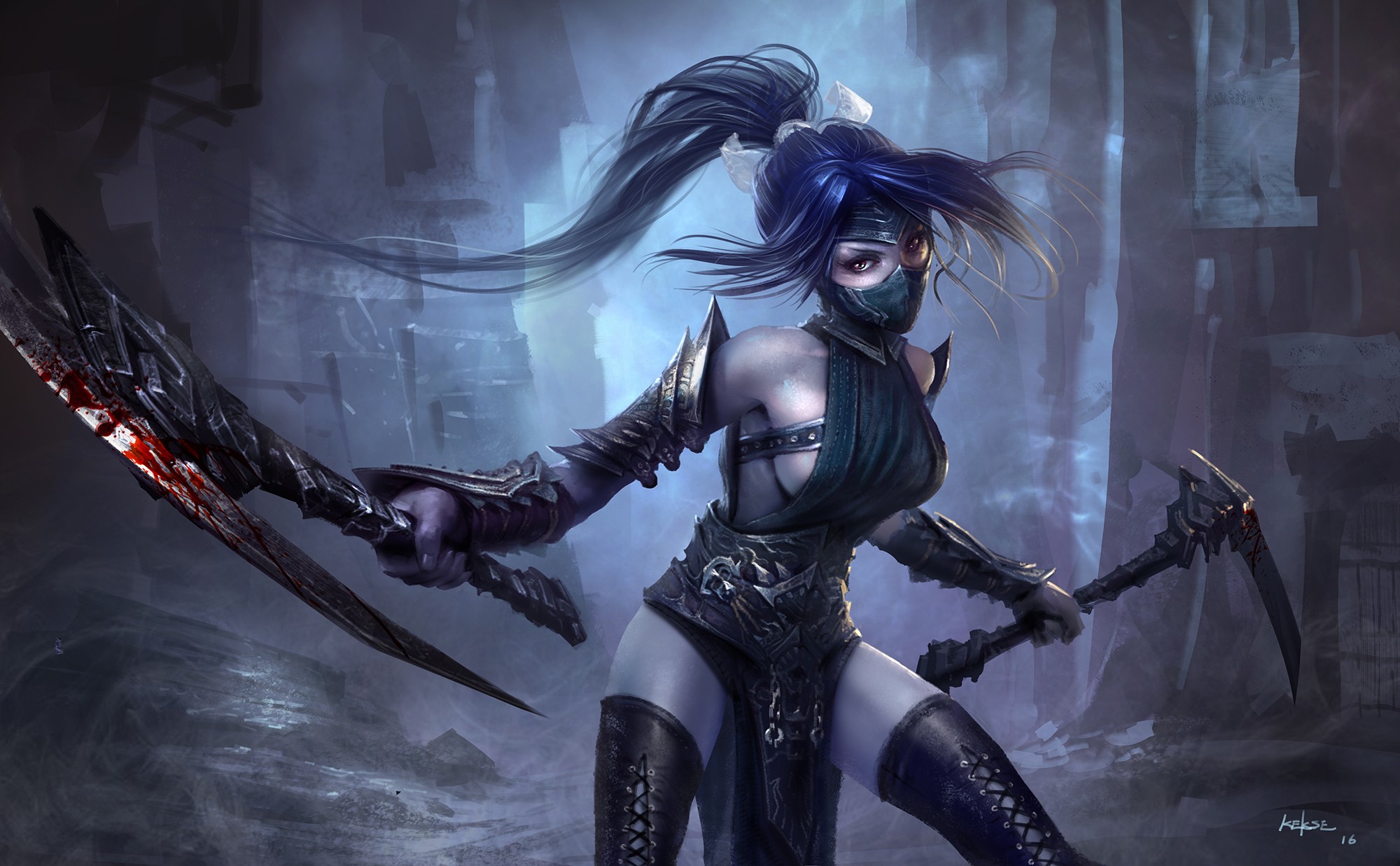 General 2000x1237 anime anime girls League of Legends Akali (League of Legends) armor blood long hair mask sideboob weapon women video game girls DeviantArt video game characters PC gaming watermarked blue hair