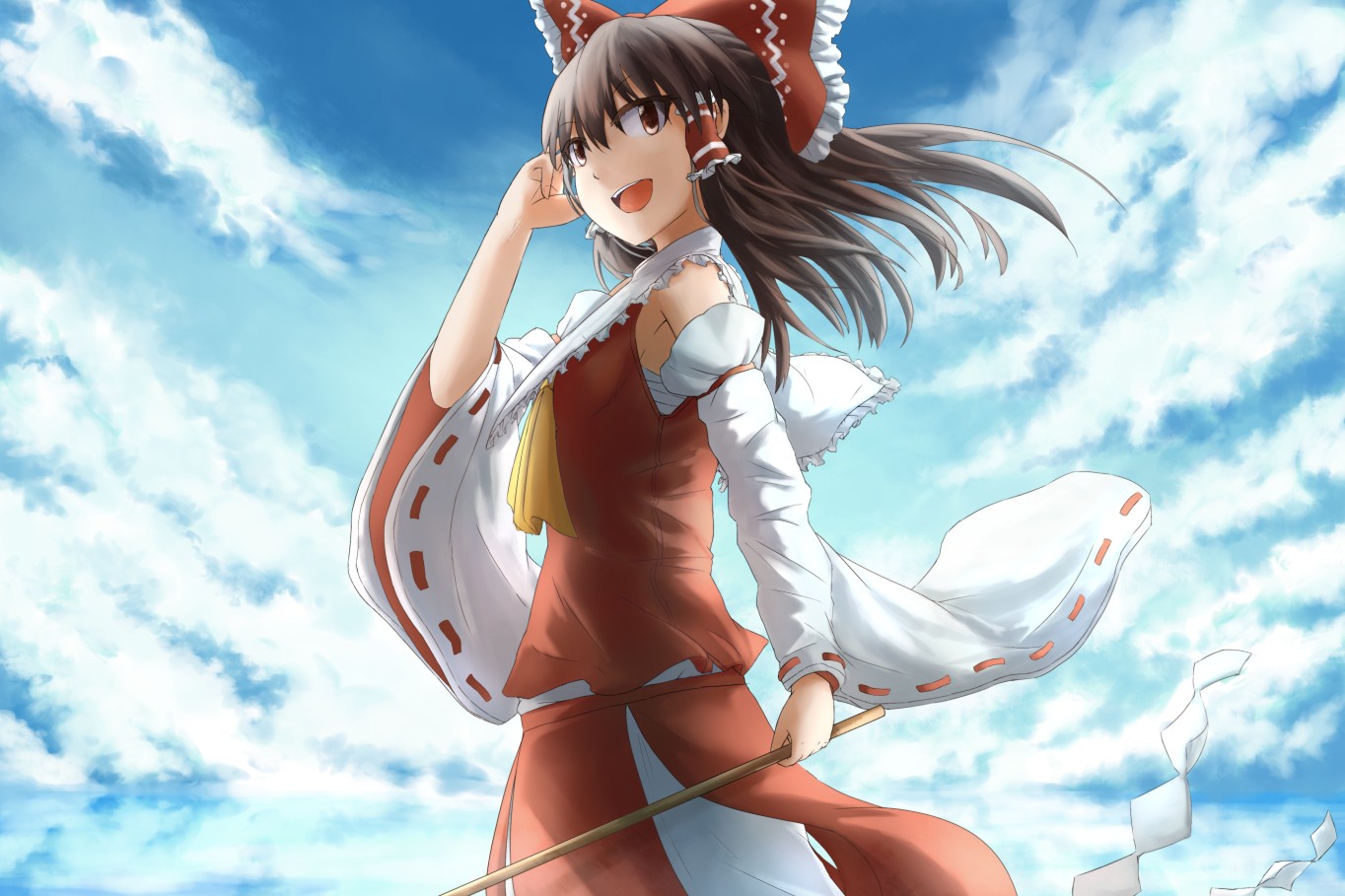 Anime 1364x909 Touhou Hakurei Reimu red ribbon anime brunette anime girls clouds looking at viewer open mouth