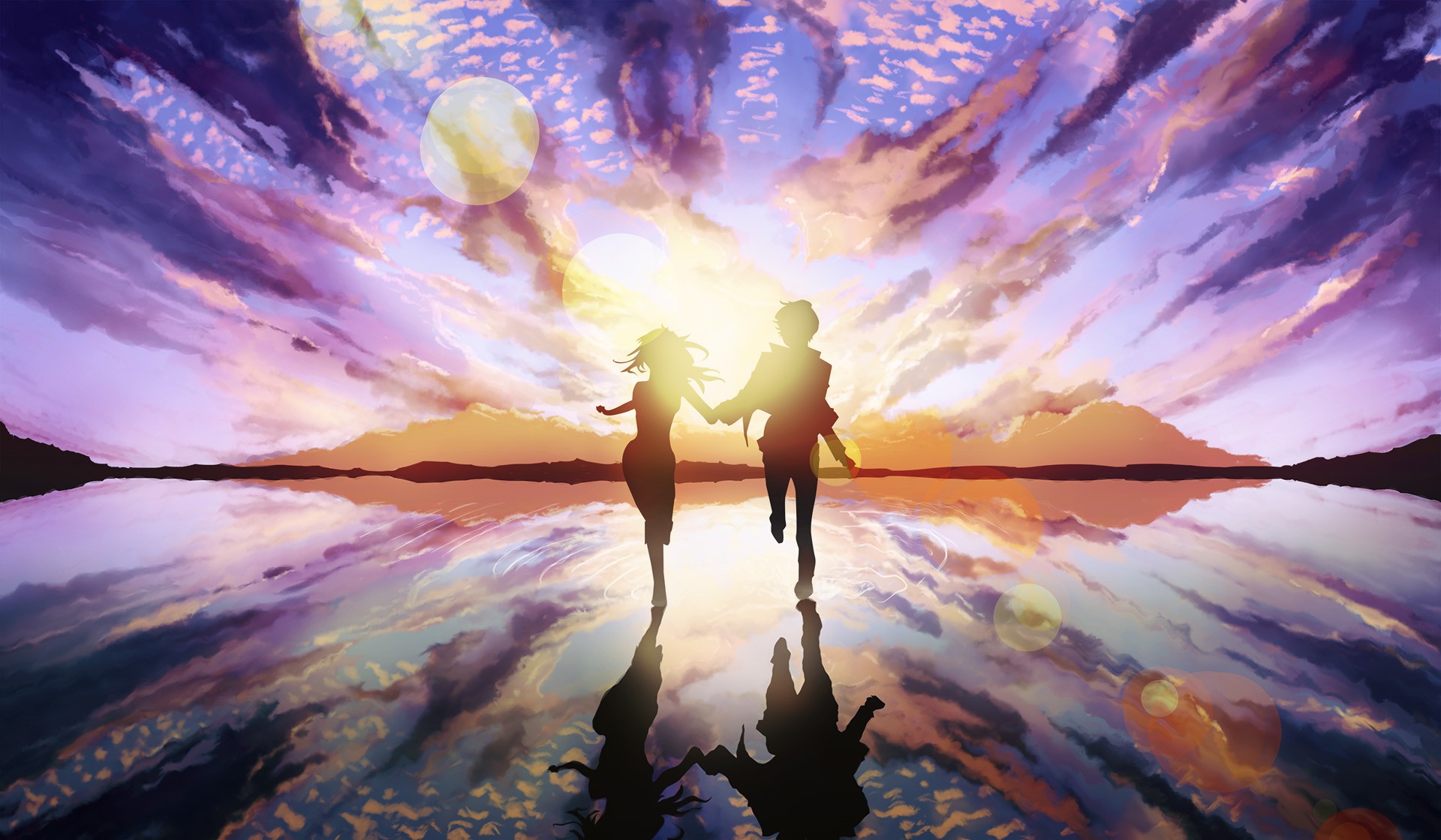Anime 1920x1120 anime sky running sunset sunset glow holding hands anime girls island reflection silhouette anime boys clouds sunlight