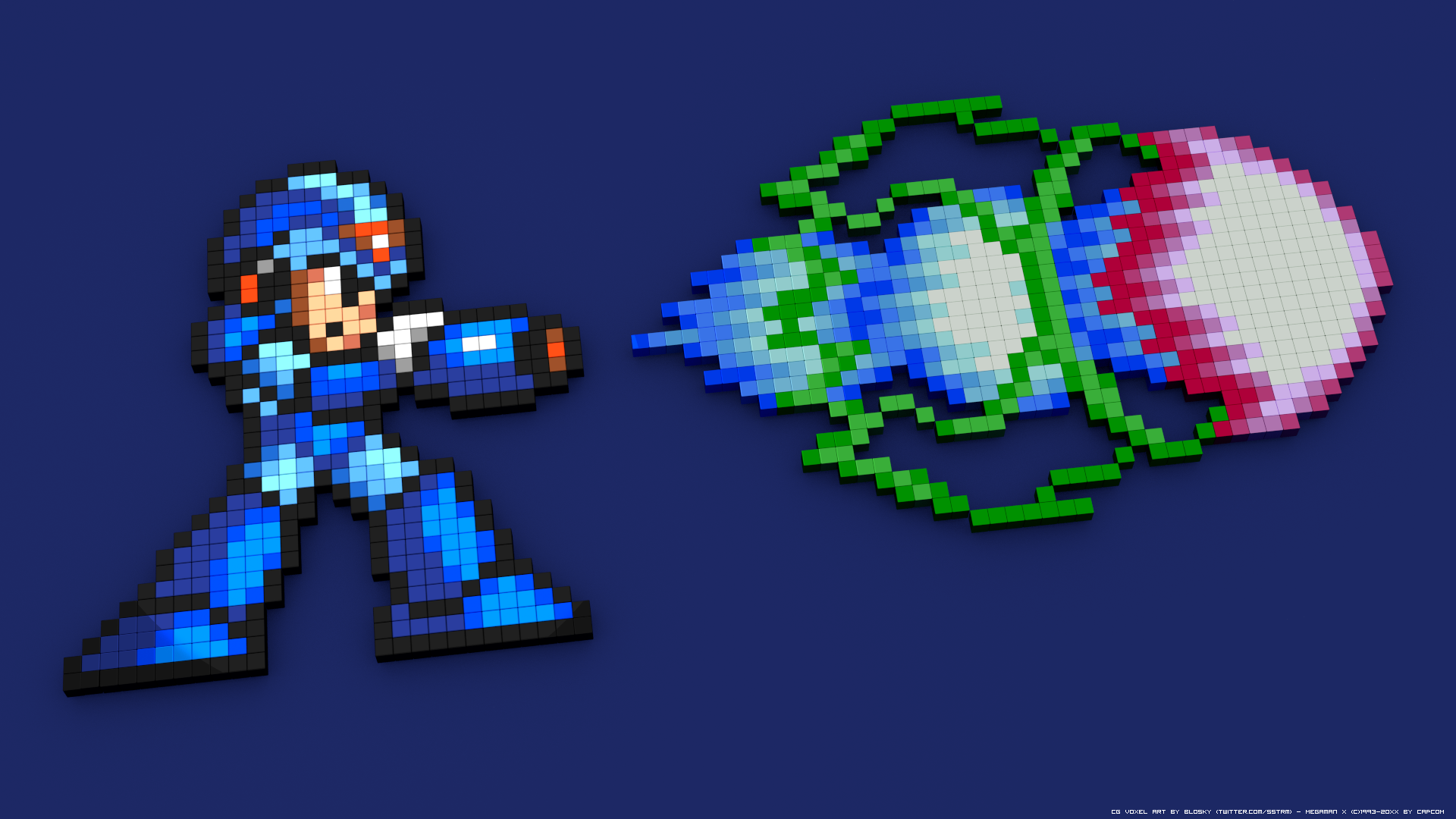 General 1920x1080 16-bit 8-bit pixelated pixel art 3D Blocks CGI video games Mega Man Mega Man X retro games video game art simple background blue background SNES