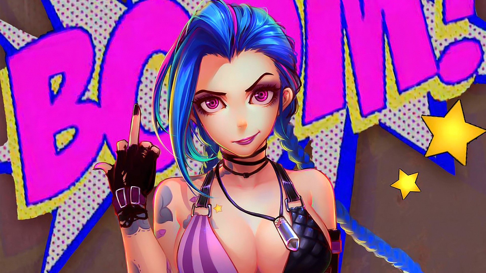 Anime 1920x1080 anime anime girls League of Legends Jinx (League of Legends) pink middle finger video game characters PC gaming obscene hand gesture smiling boobs big boobs blue hair video game art video game girls fingerless gloves
