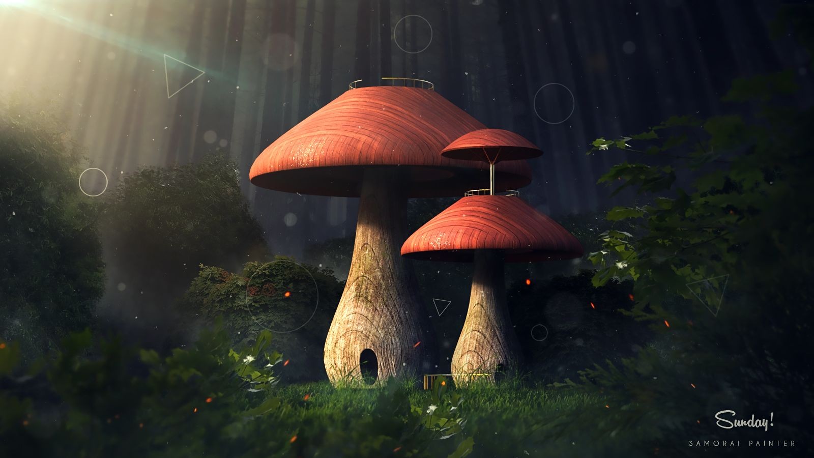 General 1600x900 fantasy art nature trees forest mushroom sun rays triangle circle leaves digital art