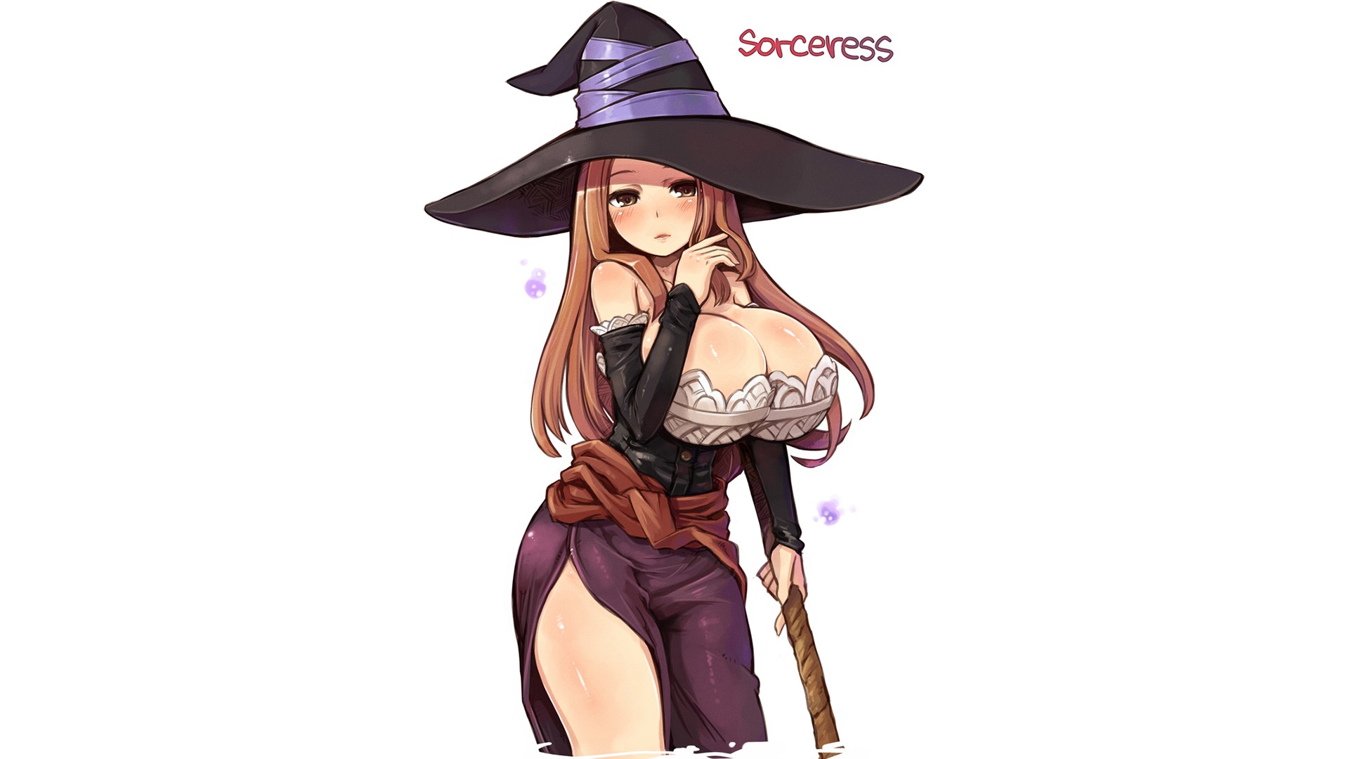 Anime 1920x1080 big boobs sorceress looking at viewer Dragon's Crown Sorceress (Dragon's Crown) boobs huge breasts anime anime girls witch hat curvy brunette long hair white background simple background