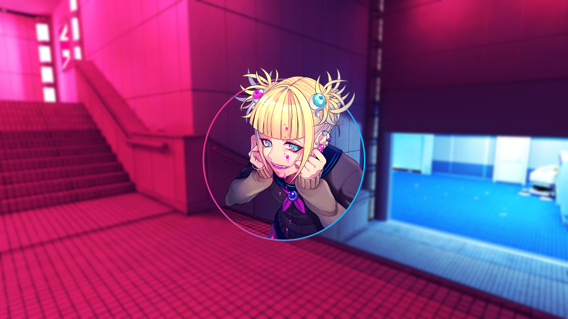 Anime 1920x1080 anime manga blurred landscape render in shapes Boku no Hero Academia Himiko Toga Mirror's Edge anime girls circle blonde aqua eyes picture-in-picture