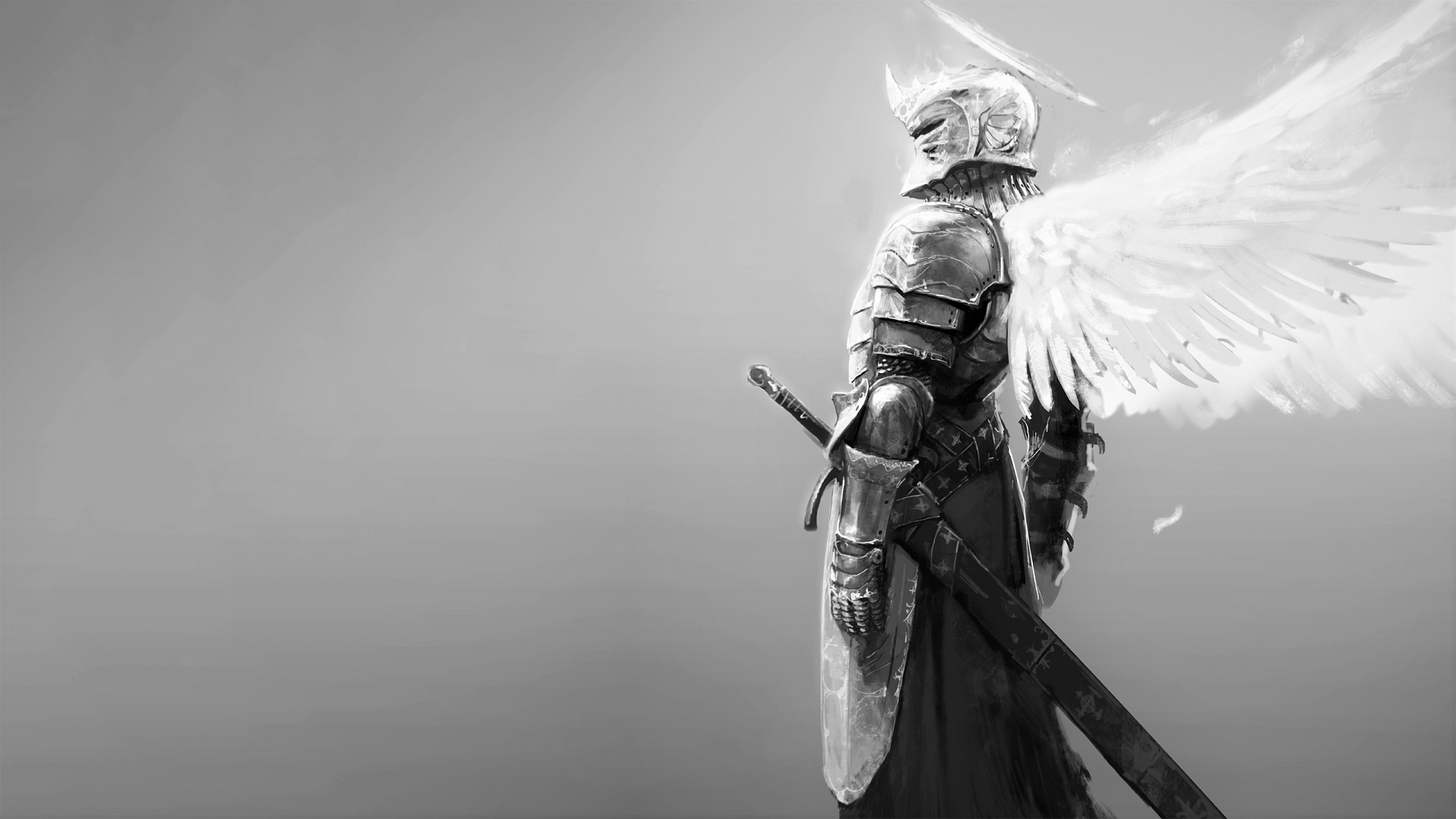 General 1920x1080 knight angel wings Halo sword armor monochrome