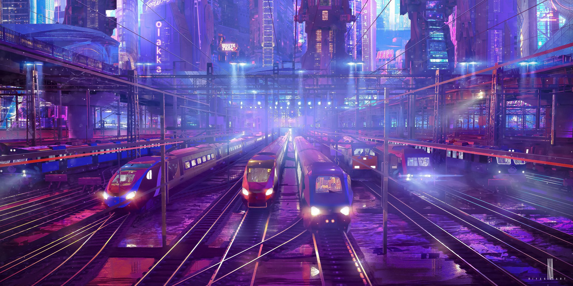 General 1920x960 niyas ck illustration train city neon science fiction concept art cityscape cyberpunk futuristic
