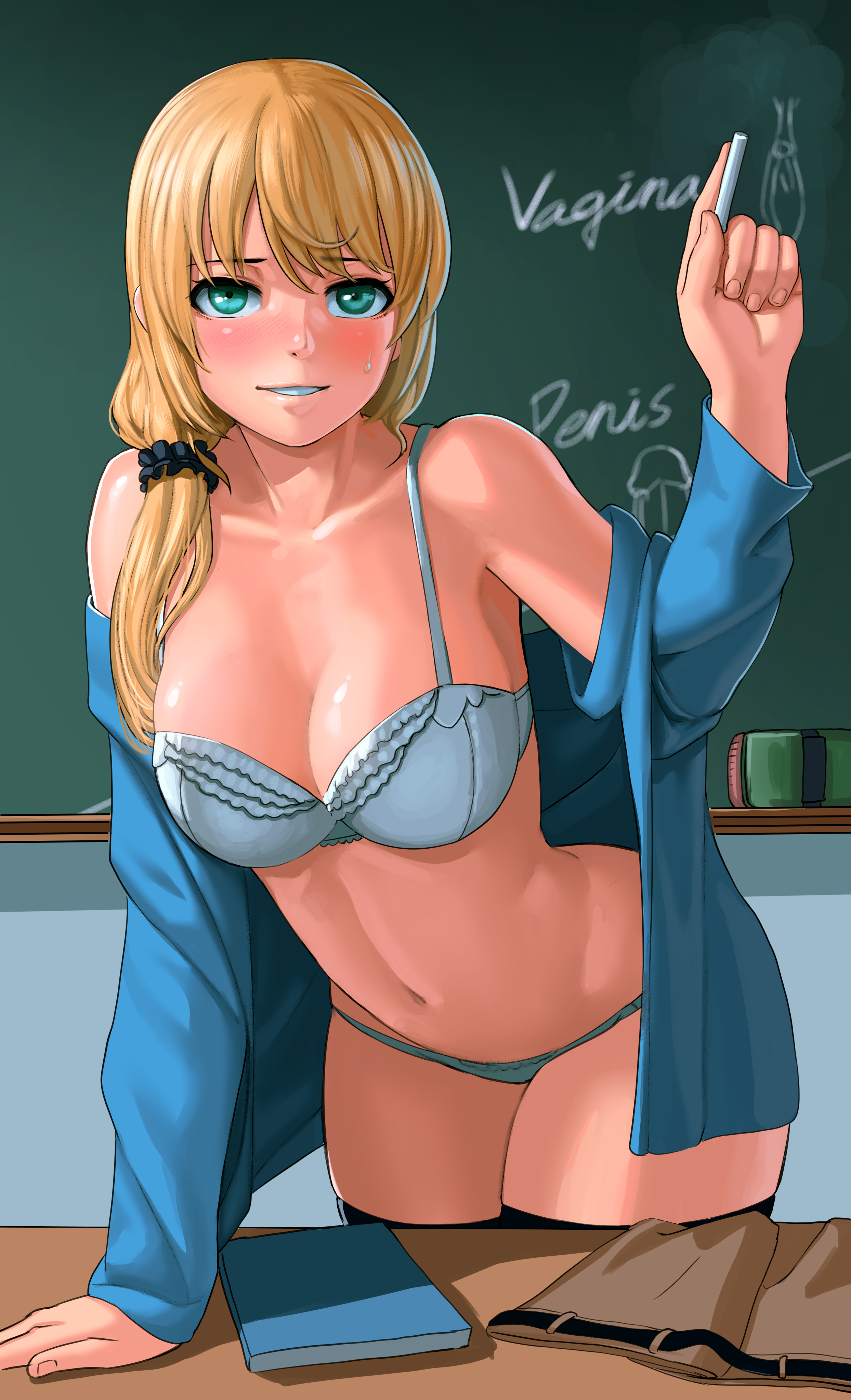 Anime 2488x4093 cleavage blonde green eyes underwear open shirt anime girls teachers