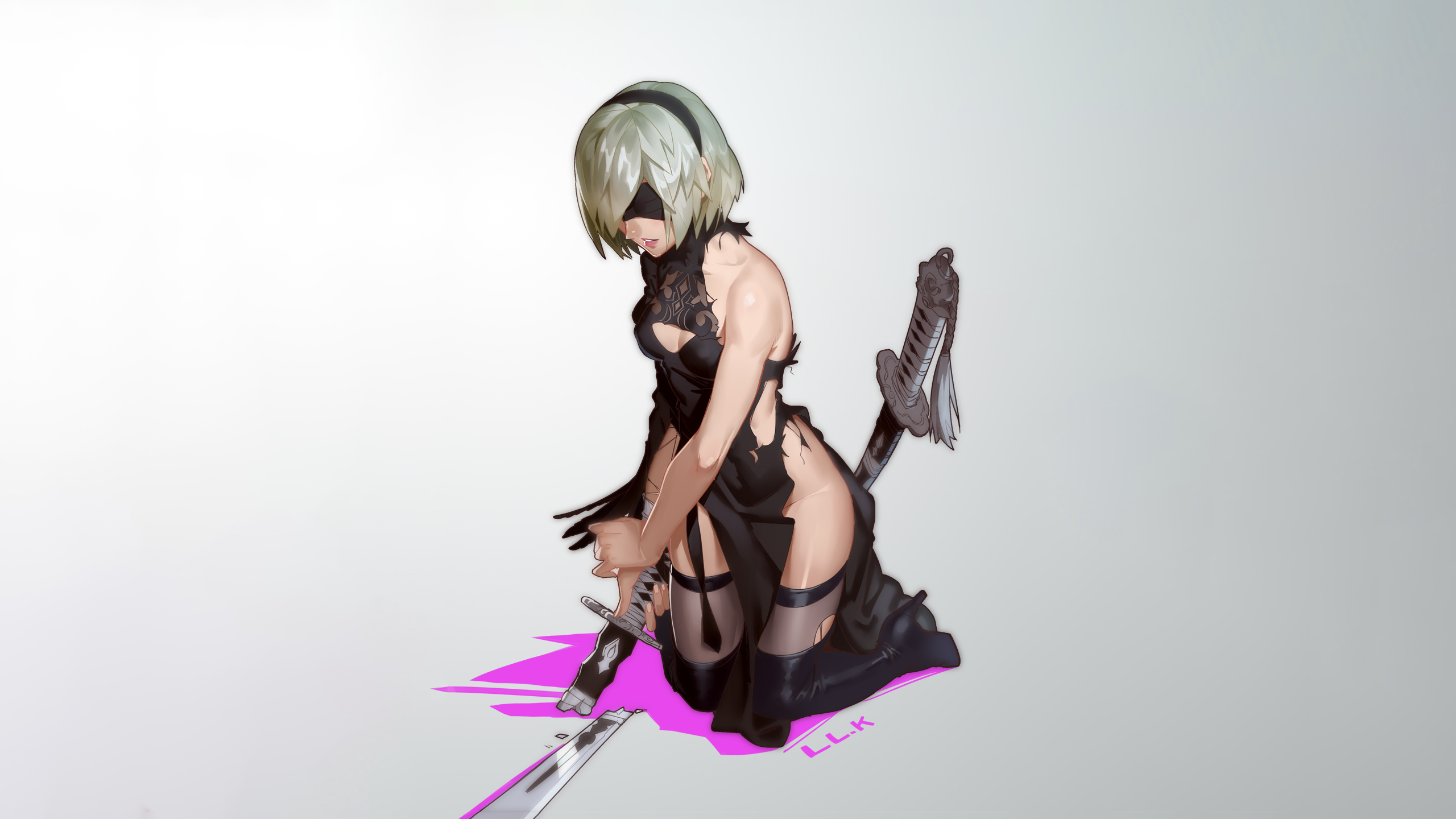 Anime 2560x1440 2B (Nier: Automata) Nier: Automata Nier thigh-highs blindfold sword weapon katana black dress thighs white hair dress