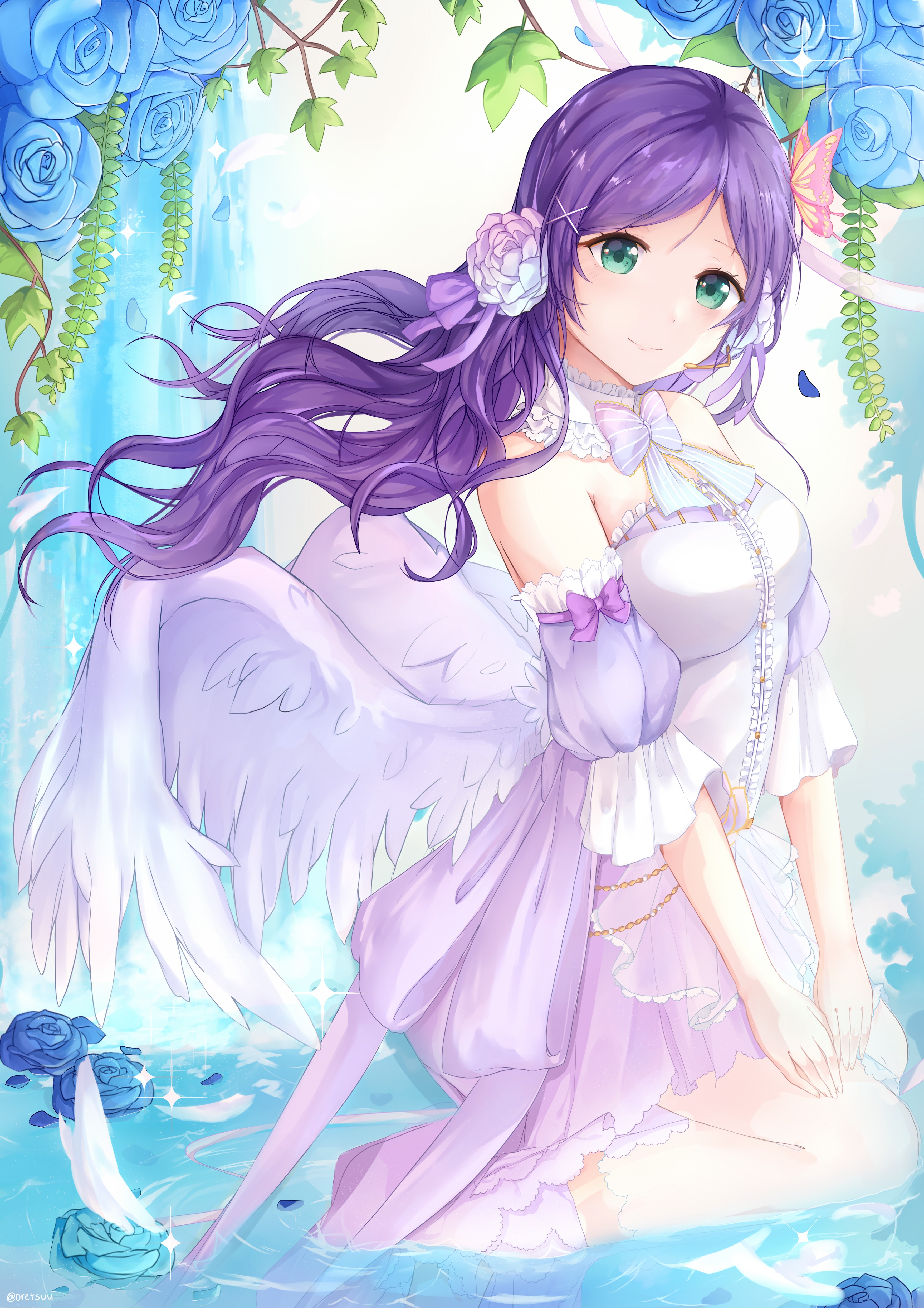 Anime 3507x4960 anime anime girls Toujou Nozomi Love Live! dress wet wings green eyes long hair purple hair flowers Pixiv fantasy art fantasy girl flower in hair