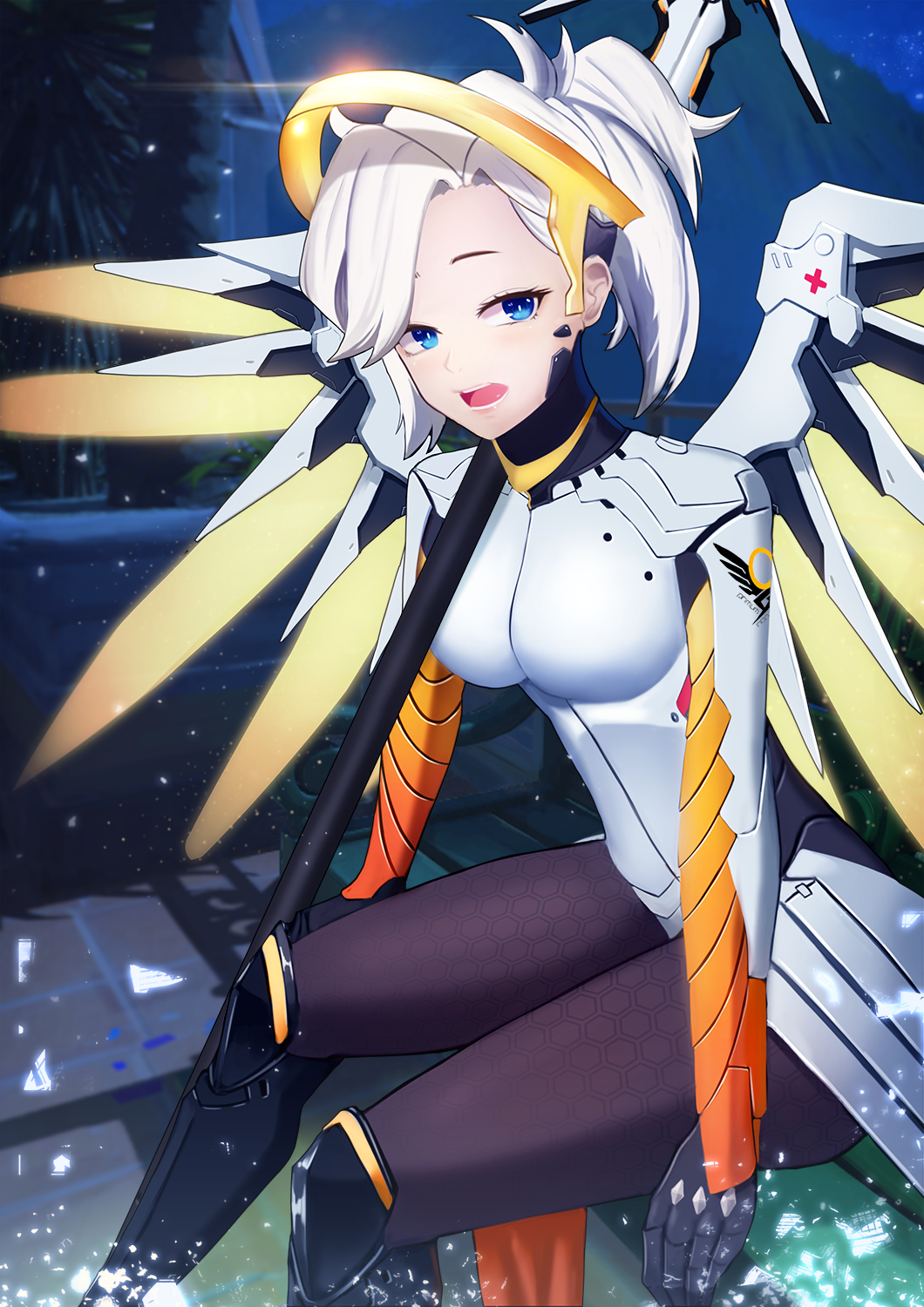 Anime 1060x1500 anime anime girls Mercy (Overwatch) bodysuit wings white hair blue eyes Overwatch Pixiv fan art video game girls PC gaming video game characters open mouth long hair looking at viewer