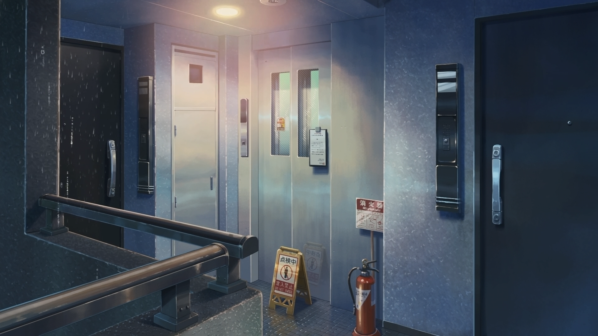Anime 1920x1080 The Garden of Words anime sign indoors Makoto Shinkai  fire extinguishers door elevator