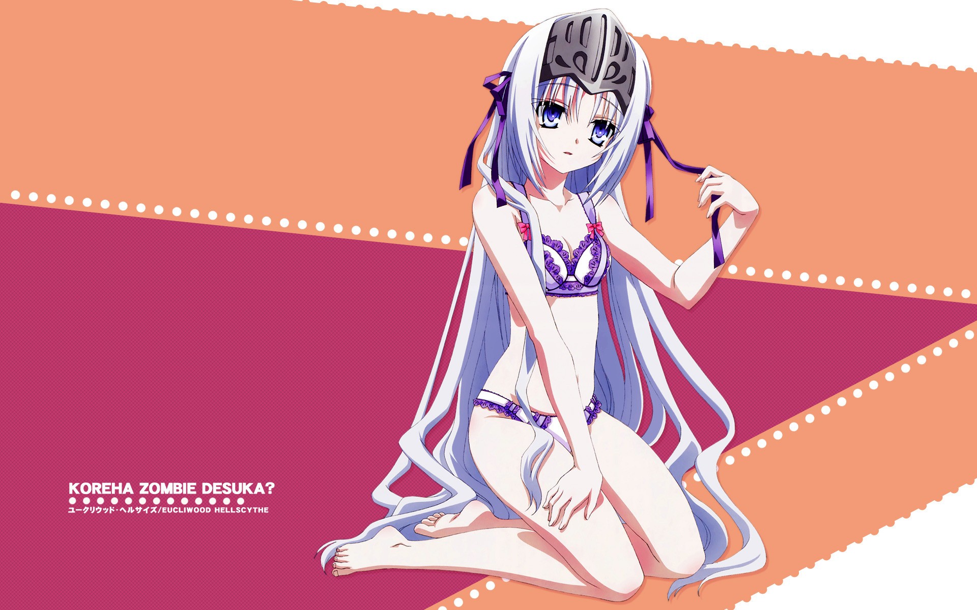 Anime 1920x1200 Kore wa Zombie Desu ka? Eucliwood Hellscythe anime girls kneeling bra panties anime purple lingerie lingerie purple eyes barefoot long hair