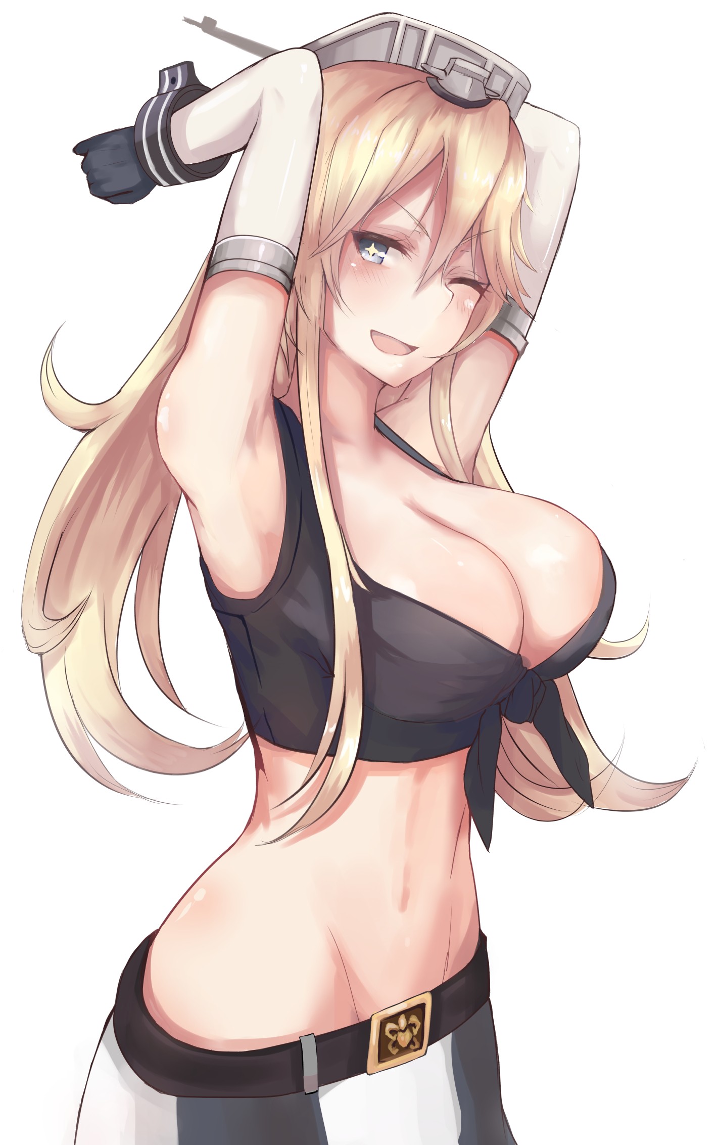 Anime 1421x2265 anime anime girls Kantai Collection Iowa (KanColle) cleavage no bra open shirt long hair blonde Kinryuu boobs big boobs huge breasts belly curvy one eye closed white background Pixiv open mouth women