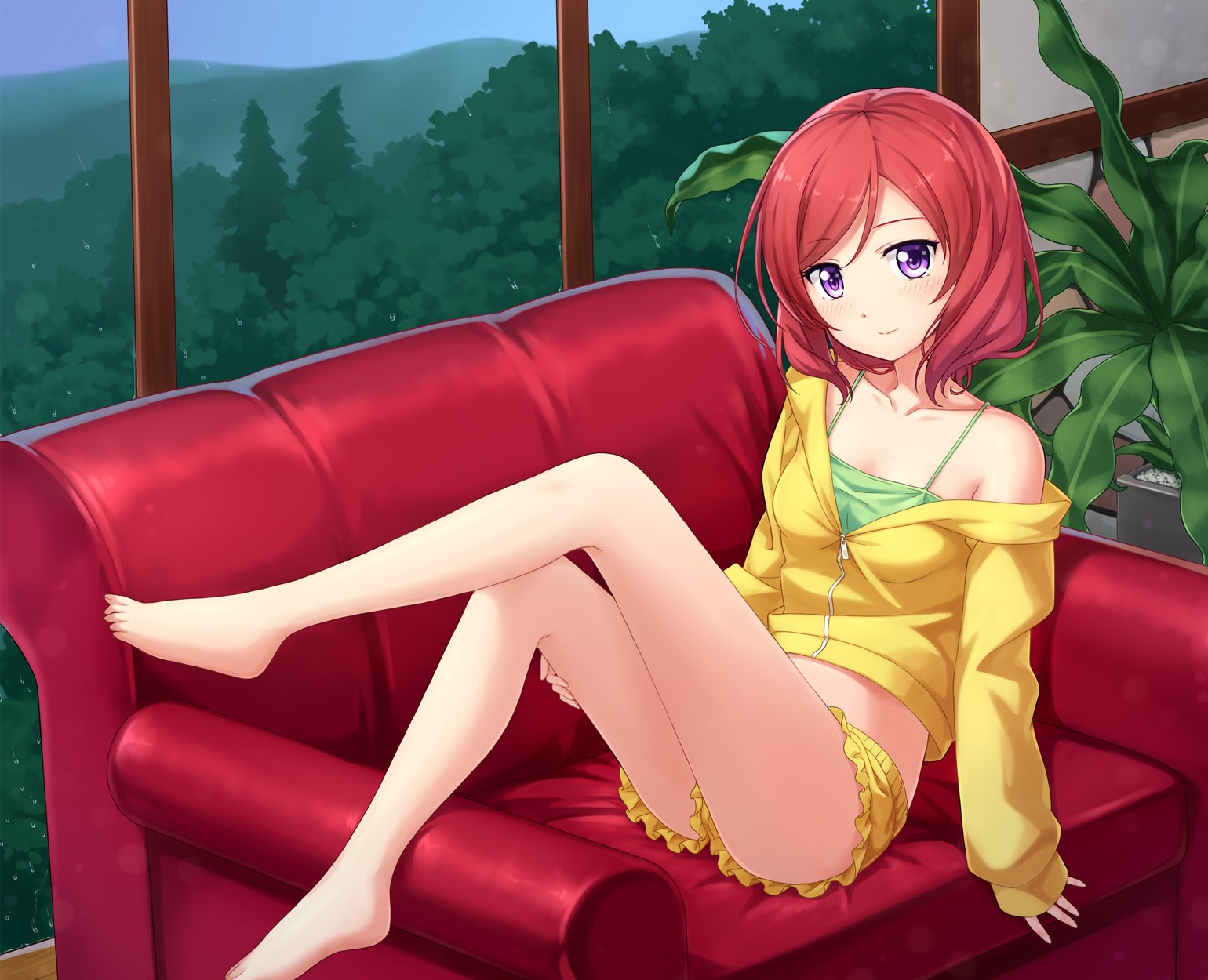 Anime 1540x1250 anime anime girls Love Live! redhead purple eyes feet Nishikino Maki couch Pixiv thighs legs looking at viewer shoulder length hair pants red couch