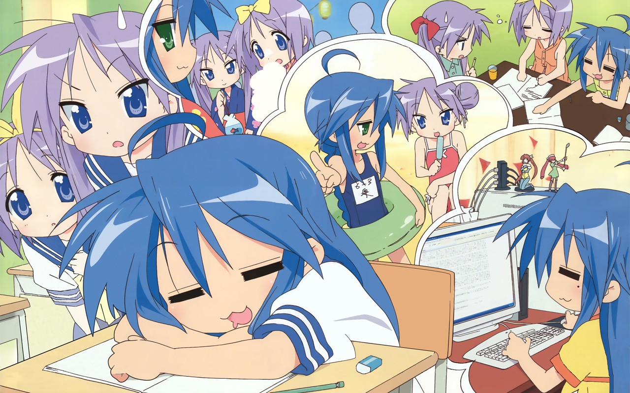 Anime 1280x800 anime anime girls Lucky Star keyboards monitor blue hair sleeping long hair