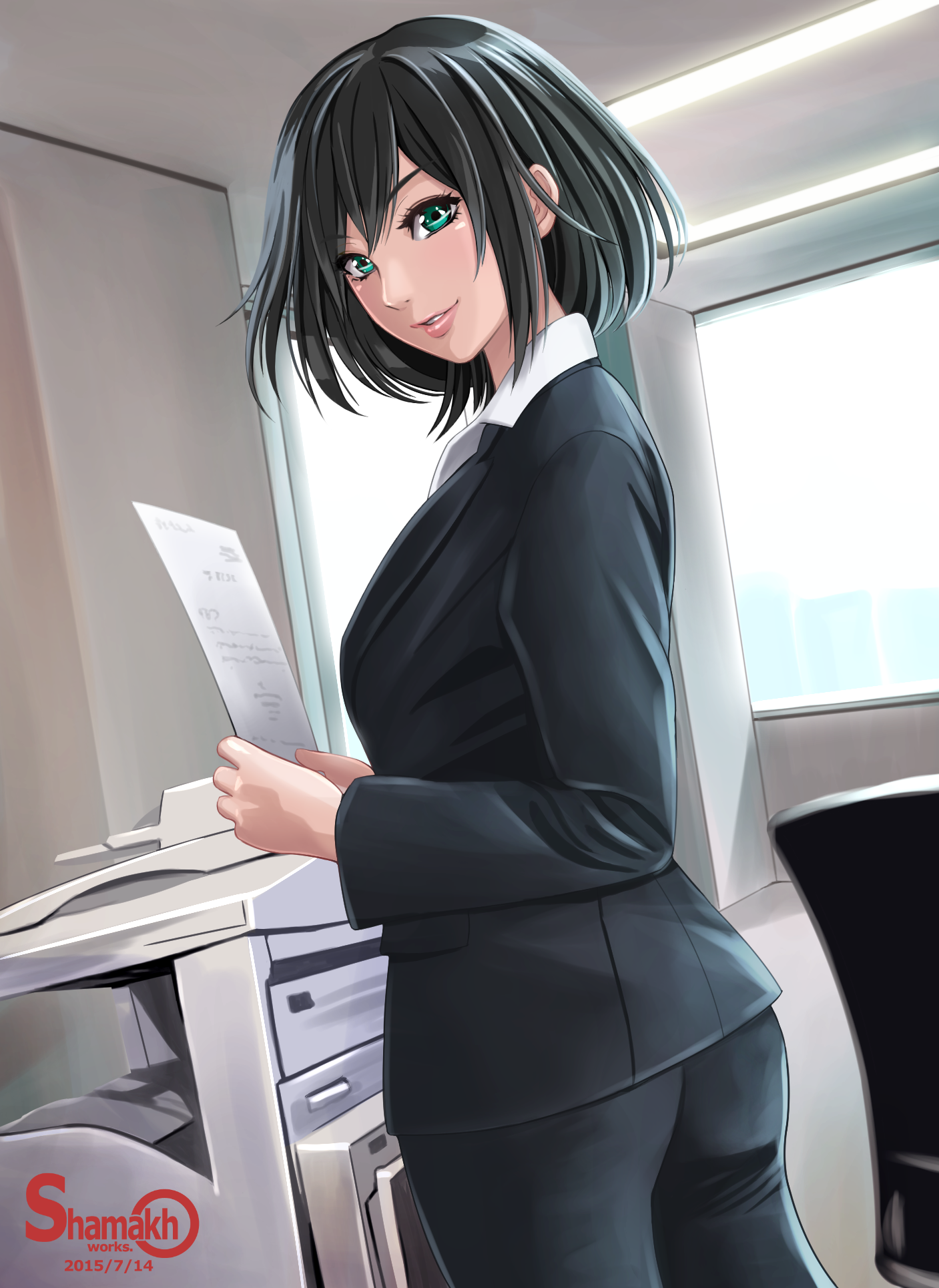 Anime 1407x1930 anime anime girls Pixiv office girl black hair shoulder length hair copier (Technology) aqua eyes office women standing suits 2015 (Year)