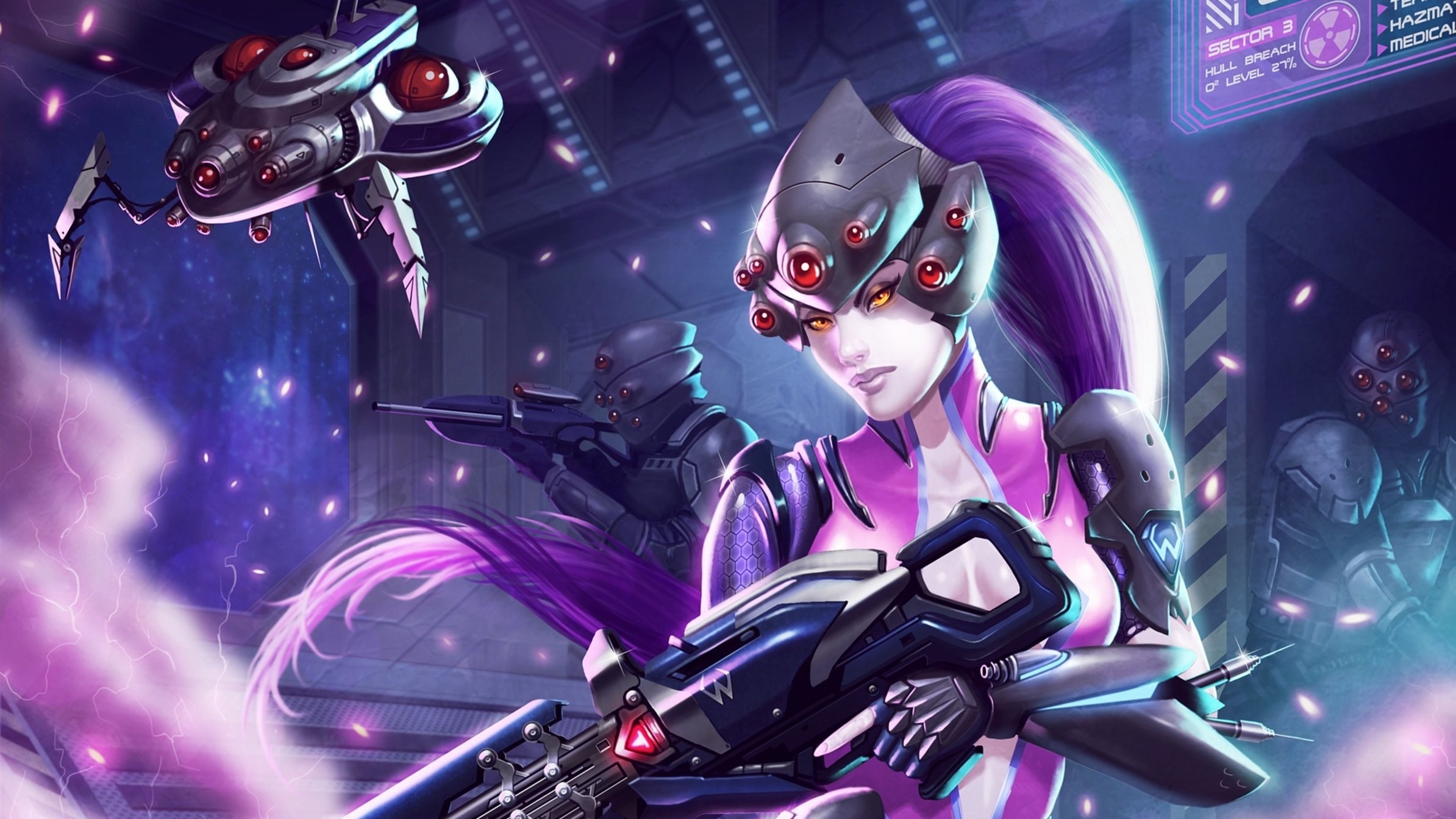 General 2388x1343 Widowmaker (Overwatch) PC gaming video game girls weapon girls with guns yellow eyes purple hair