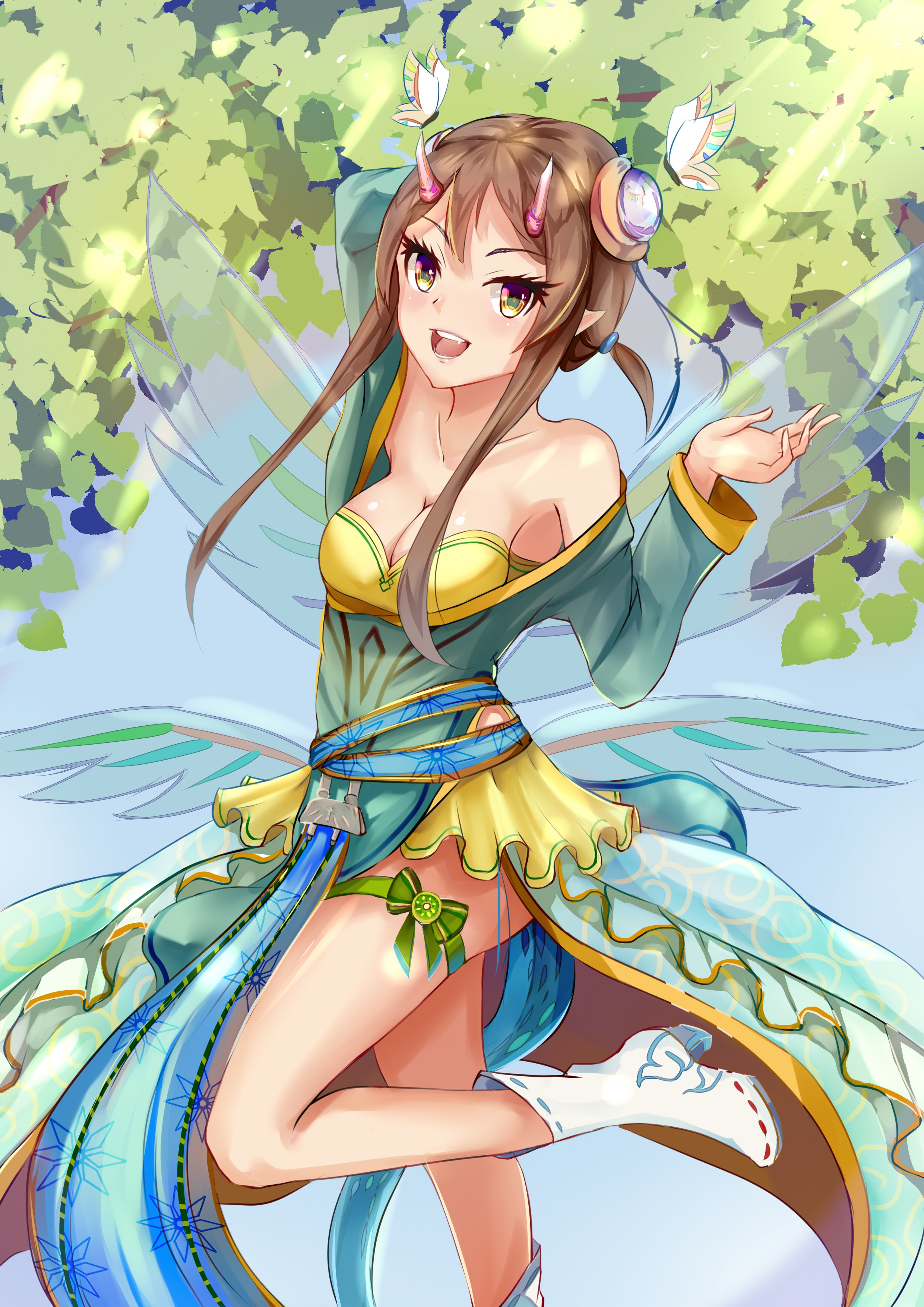 Anime 2480x3507 anime anime girls elves legs wings long hair green eyes fantasy art boobs cleavage Pixiv heels thighs open mouth pointy ears women