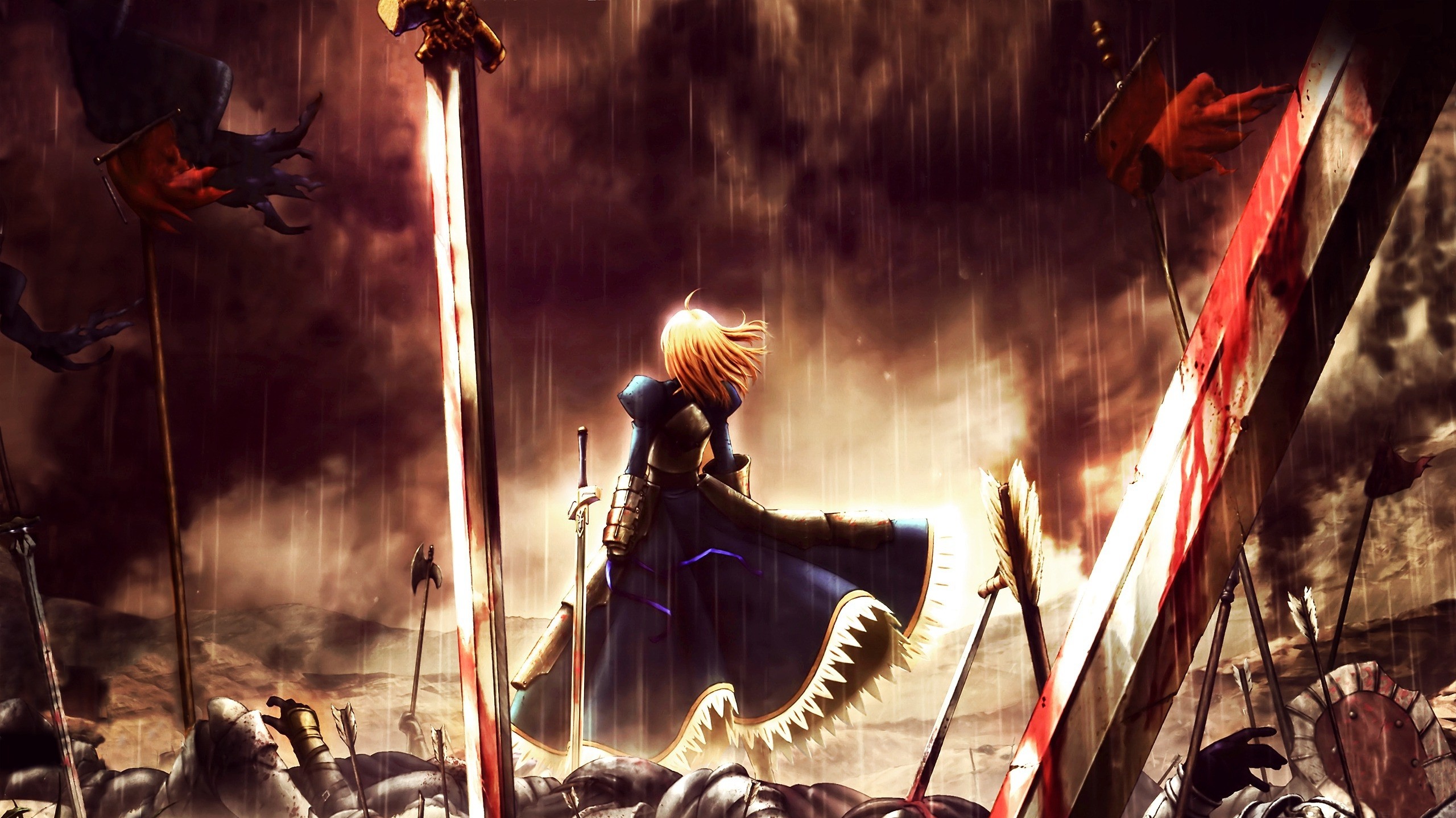 Anime 2560x1440 anime Fate series anime girls blood dress sword rain women banner fantasy art fantasy girl