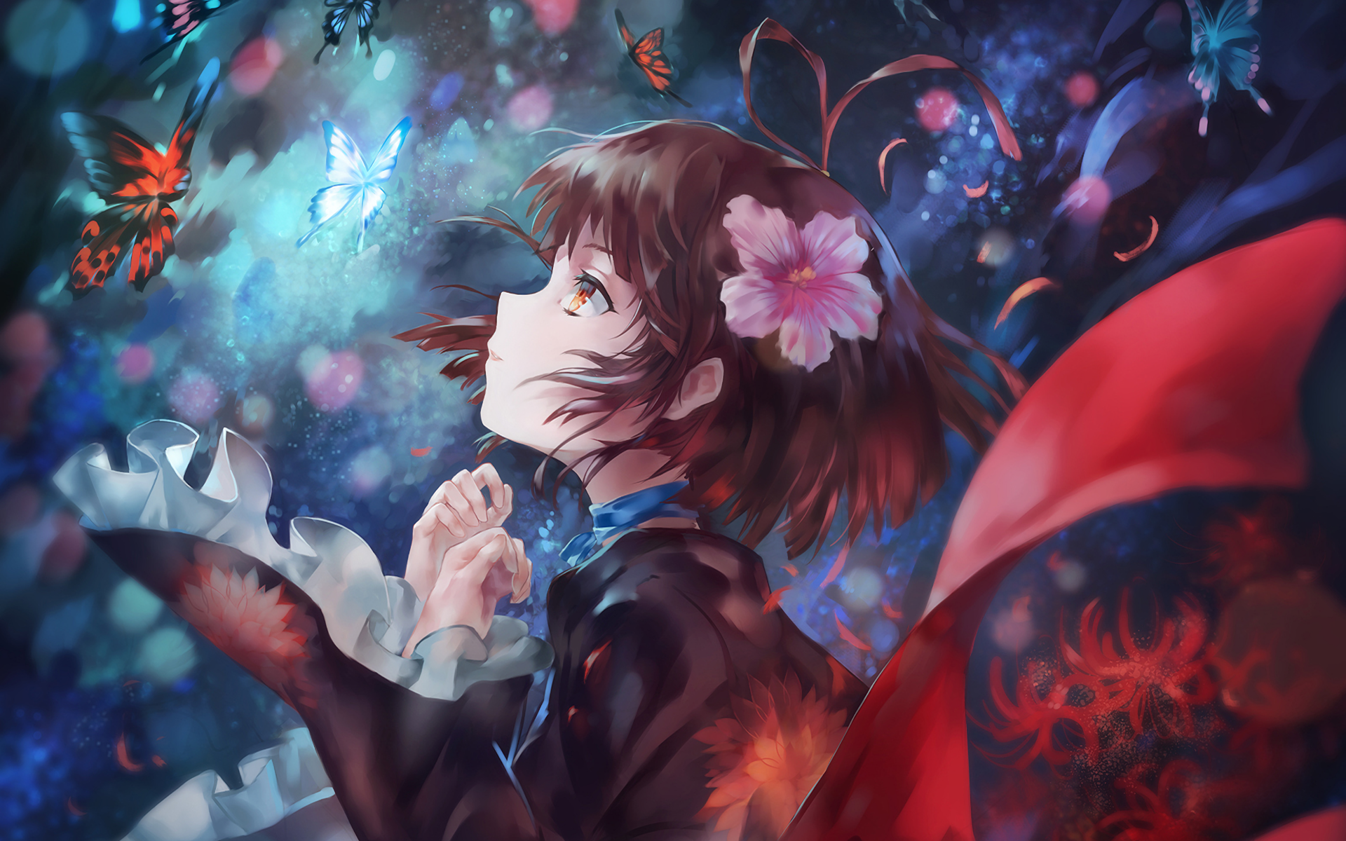 Anime 1920x1200 anime anime girls Koutetsujou no Kabaneri Mumei butterfly animals insect flower in hair plants face profile brunette