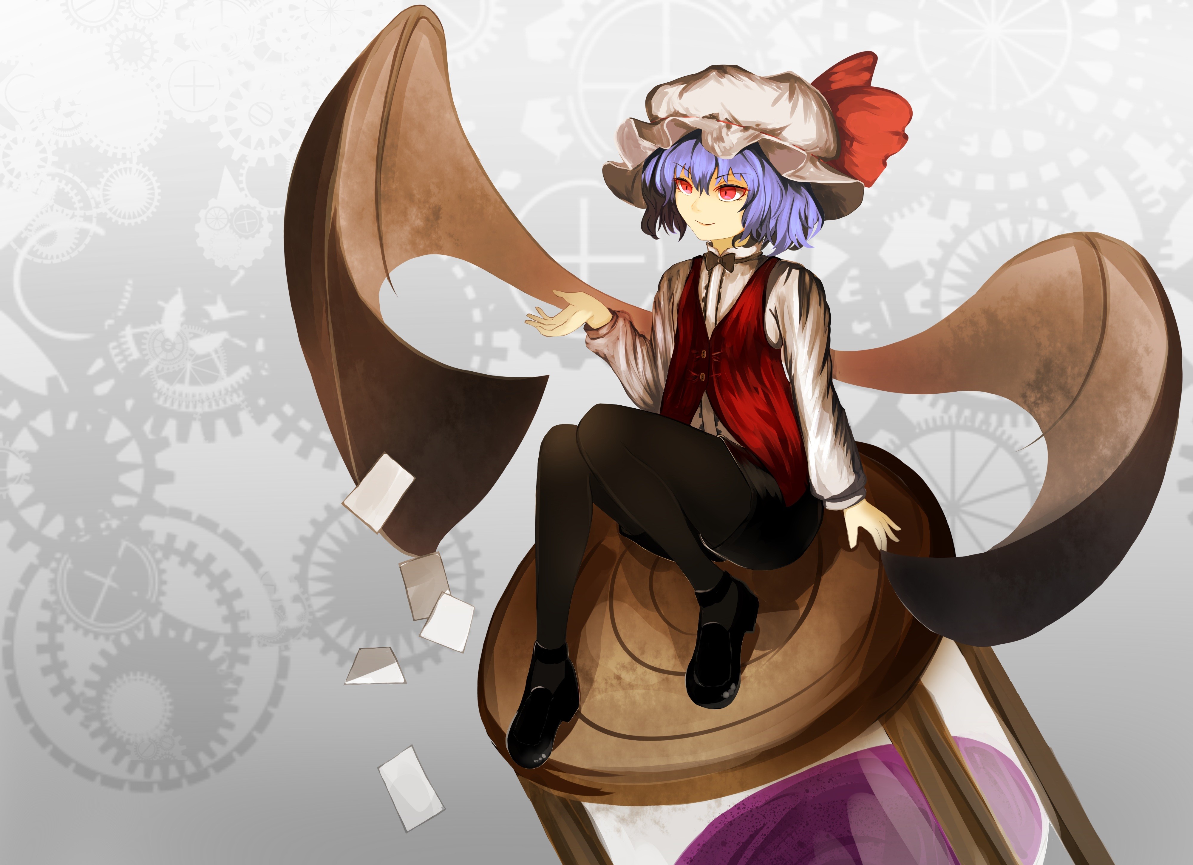 Anime 4000x2900 anime anime girls Remilia Scarlet Touhou red eyes short hair wings sitting thighs together purple hair Gear Wheels Pixiv