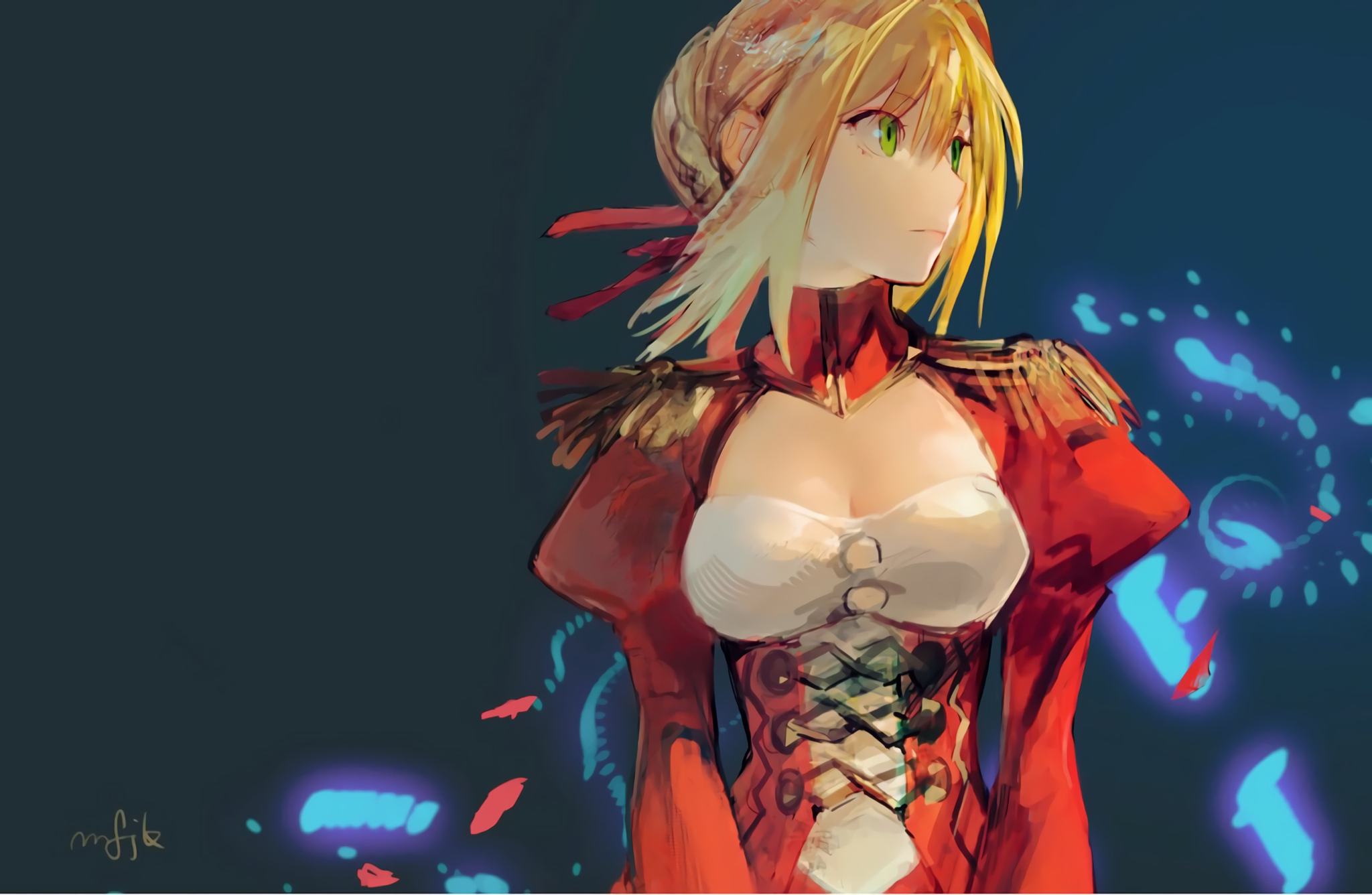 Anime 2048x1336 anime anime girls Fate/Extra Fate series Nero Claudius blonde green eyes dress fantasy art fantasy girl simple background red dress looking away
