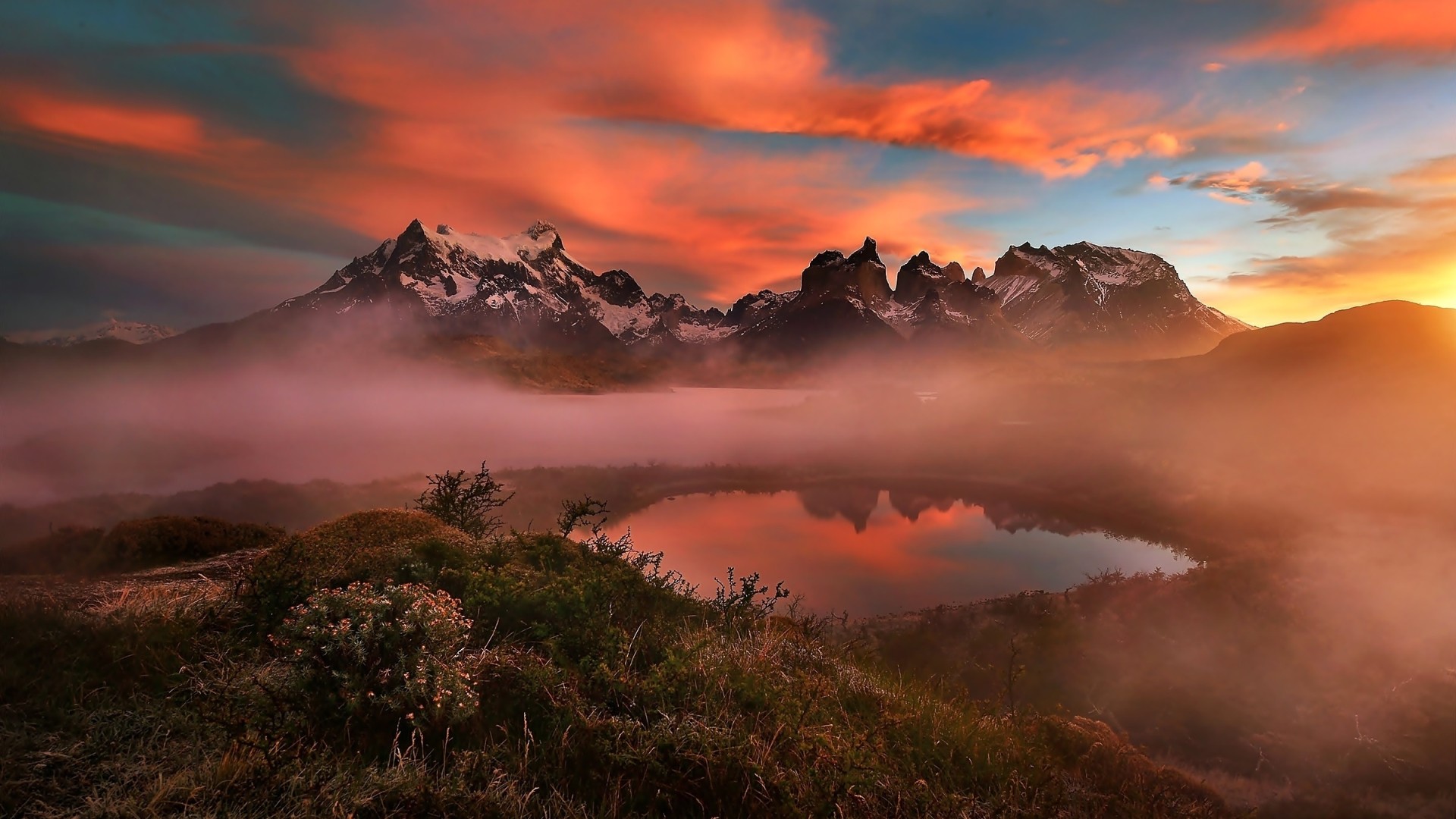 General 1920x1080 nature landscape trees Patagonia Chile Torres del Paine mountains snowy peak water lake mist plants clouds hills sunset reflection South America