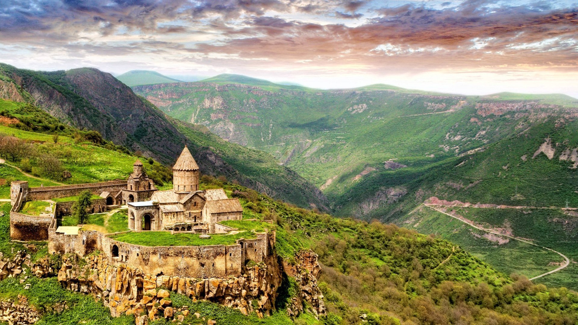 General 1920x1080 nature landscape trees forest castle monastery Armenia mountains stones valley hills clouds