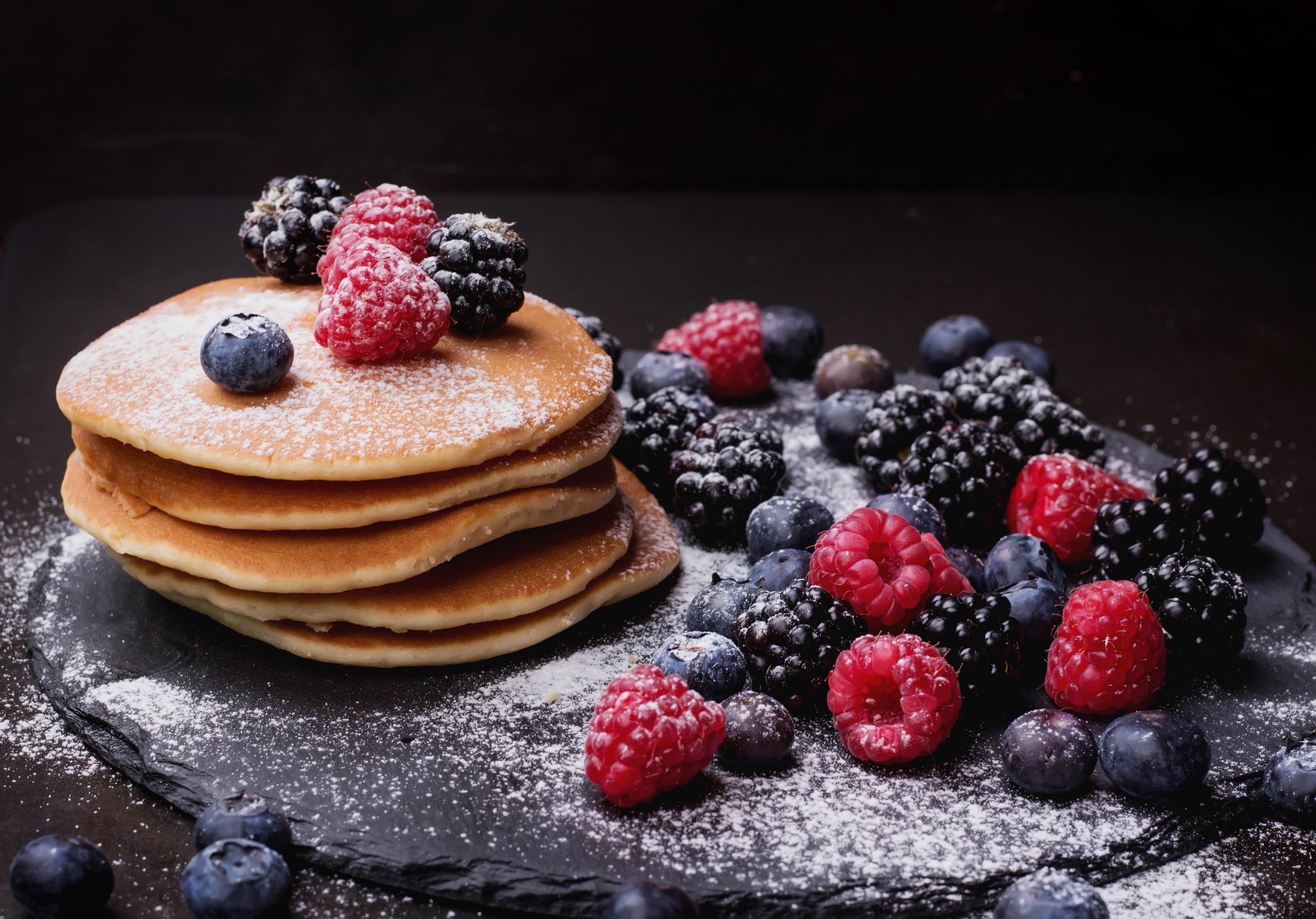 General 2560x1788 pancakes food fruit berries blueberries blackberries