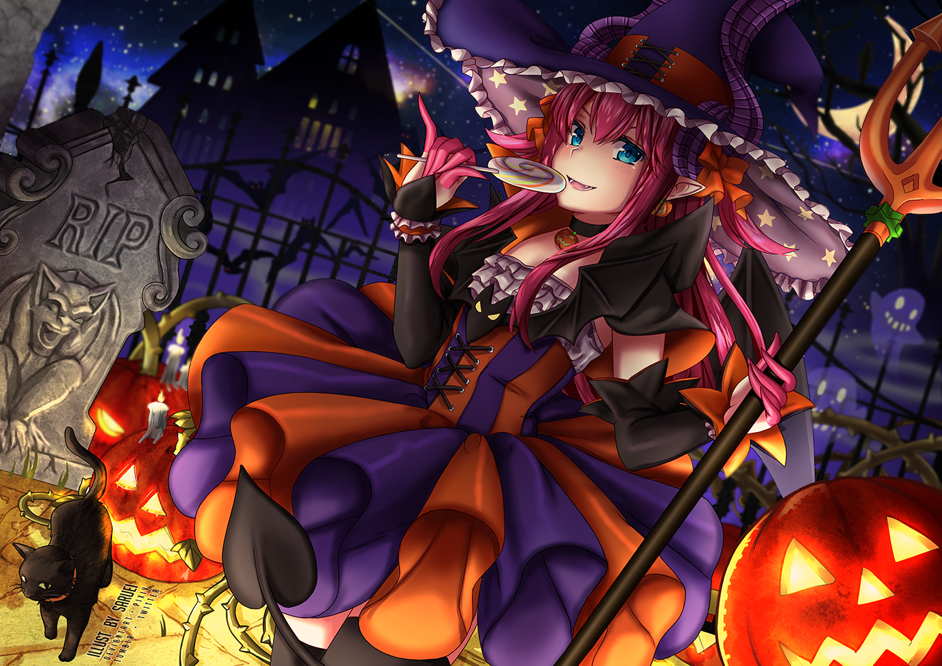 Anime 1360x962 Halloween witch hat hat witch pumpkin night animals aqua eyes blushing candy cats demon horns lollipop Moon sky stars tail weapon wings Fate/Grand Order