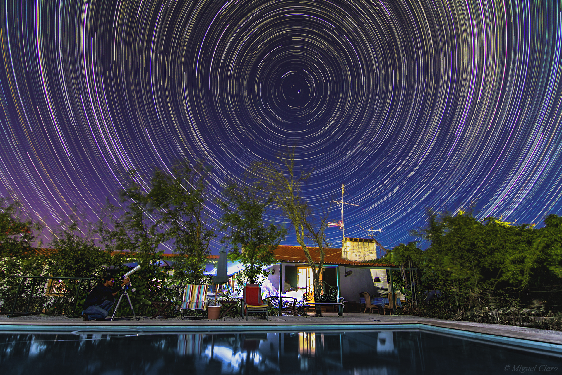 General 1920x1280 architecture building house swimming pool star trails night trees long exposure men telescope Miguel Claro Portugal circle reflection
