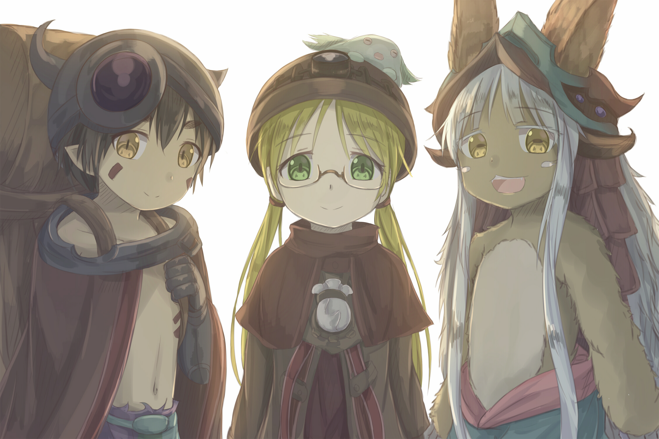 Anime 2251x1500 Made in Abyss Riko (Made in Abyss) Regu (Made in Abyss) Nanachi (Made in Abyss) meganekko monster girl open mouth smiling short hair brunette long hair silver hair bangs loli robot anime simple background anime boys anime girls green eyes brown eyes looking at viewer 2D fan art standing blonde