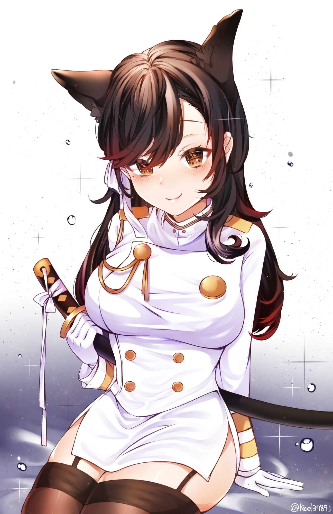 Anime 1296x2000 animal ears Atago (Azur Lane) stockings sword thigh-highs uniform white background Azur Lane anime girls