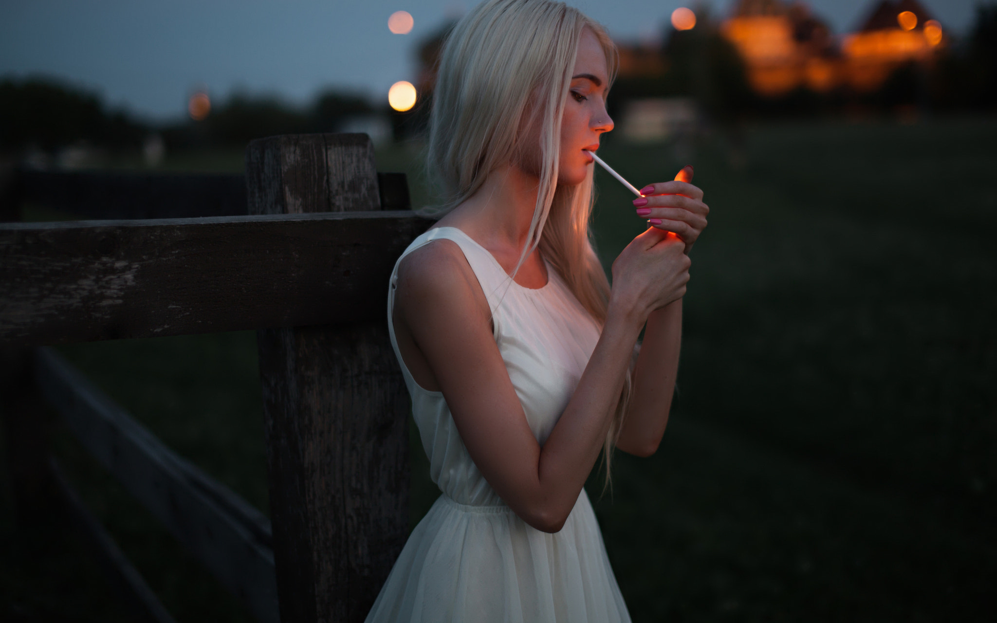 People 2048x1280 women blonde white dress smoking pink nails side view Andrey Frolov profile women outdoors dress white clothing 500px dyed hair painted nails standing model