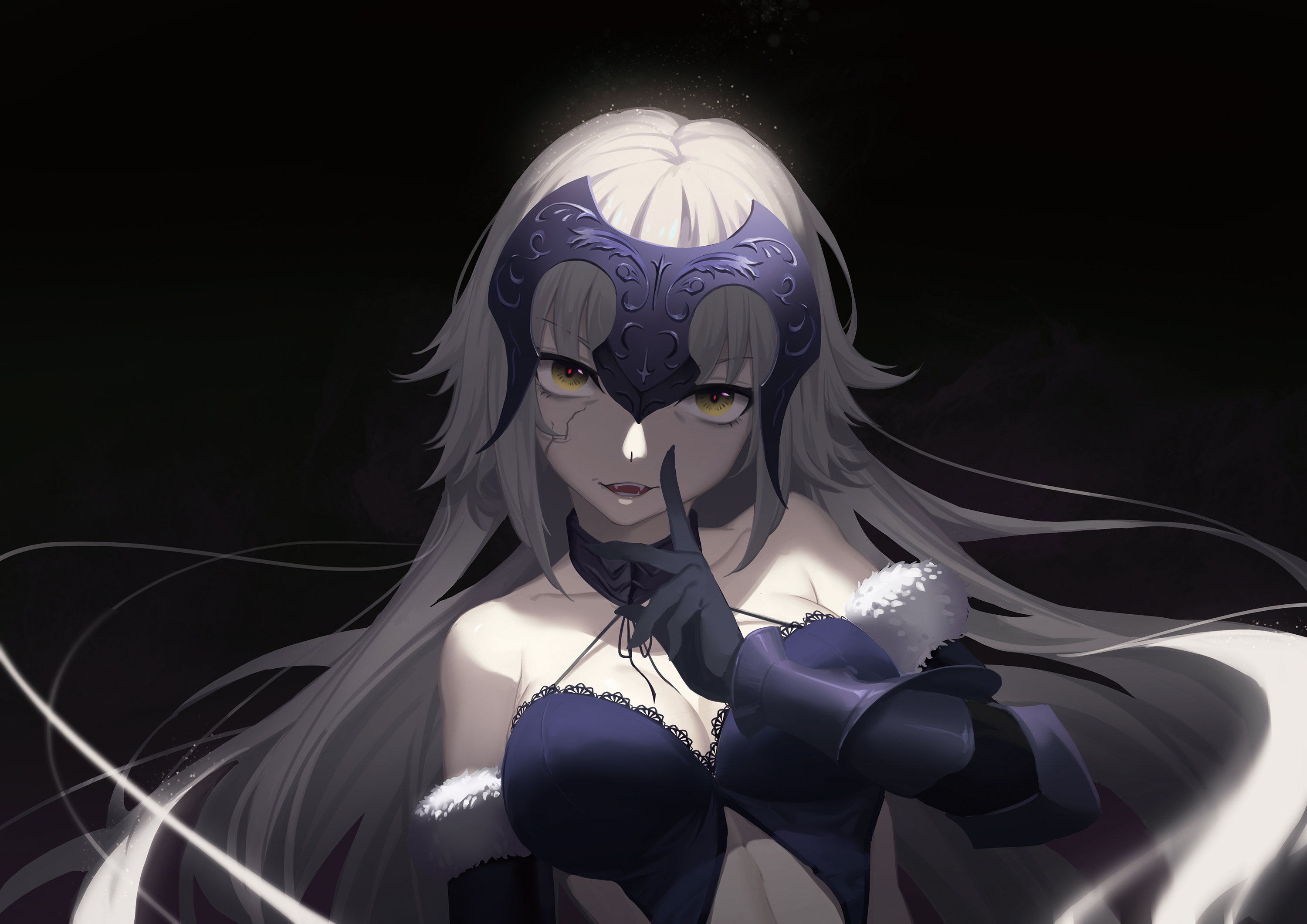 Anime 3000x2121 anime anime girls cleavage long hair white hair yellow eyes gloves Ruler (Fate/Apocrypha) Fate/Apocrypha  Fate series smiling black background Jeanne (Alter) (Fate/Grand Order)