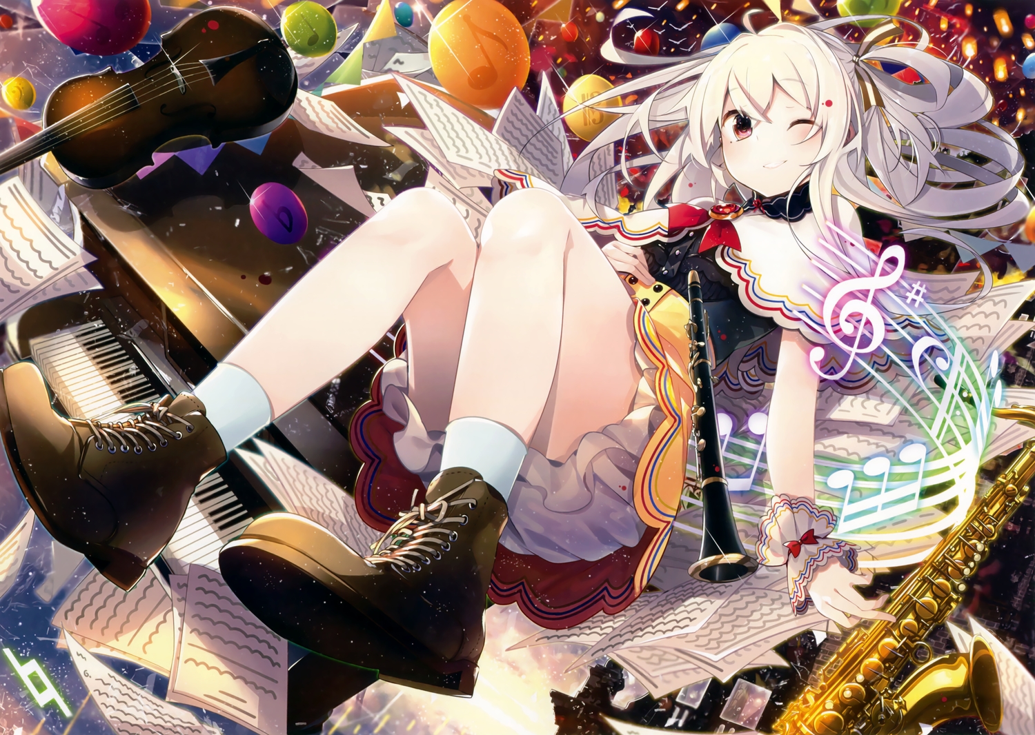 Anime 1500x1066 piano white hair boots flute skirt guitar laced boots