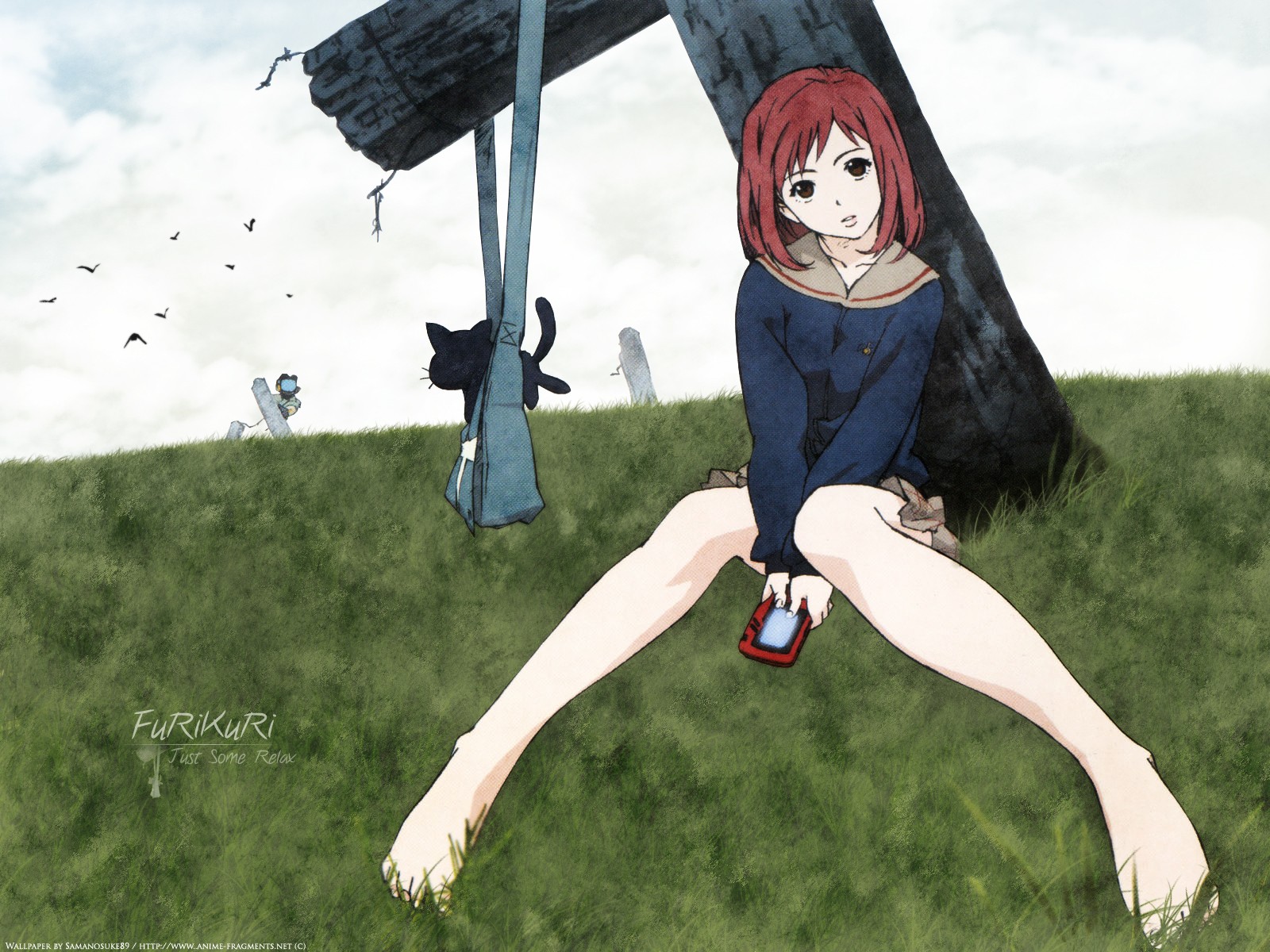 Anime 1600x1200 anime FLCL anime girls barefoot grass legs redhead