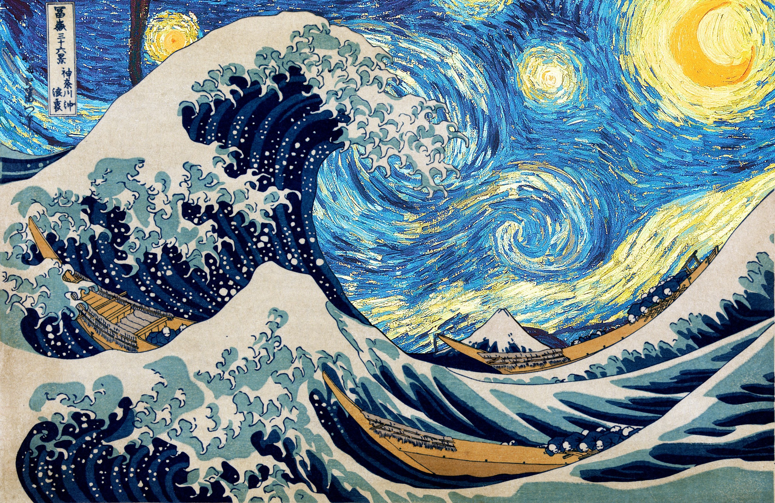 General 2560x1660 Hokusai starry night Vincent van Gogh The Great Wave of Kanagawa artwork photo manipulation blue sea waves water sky crossover